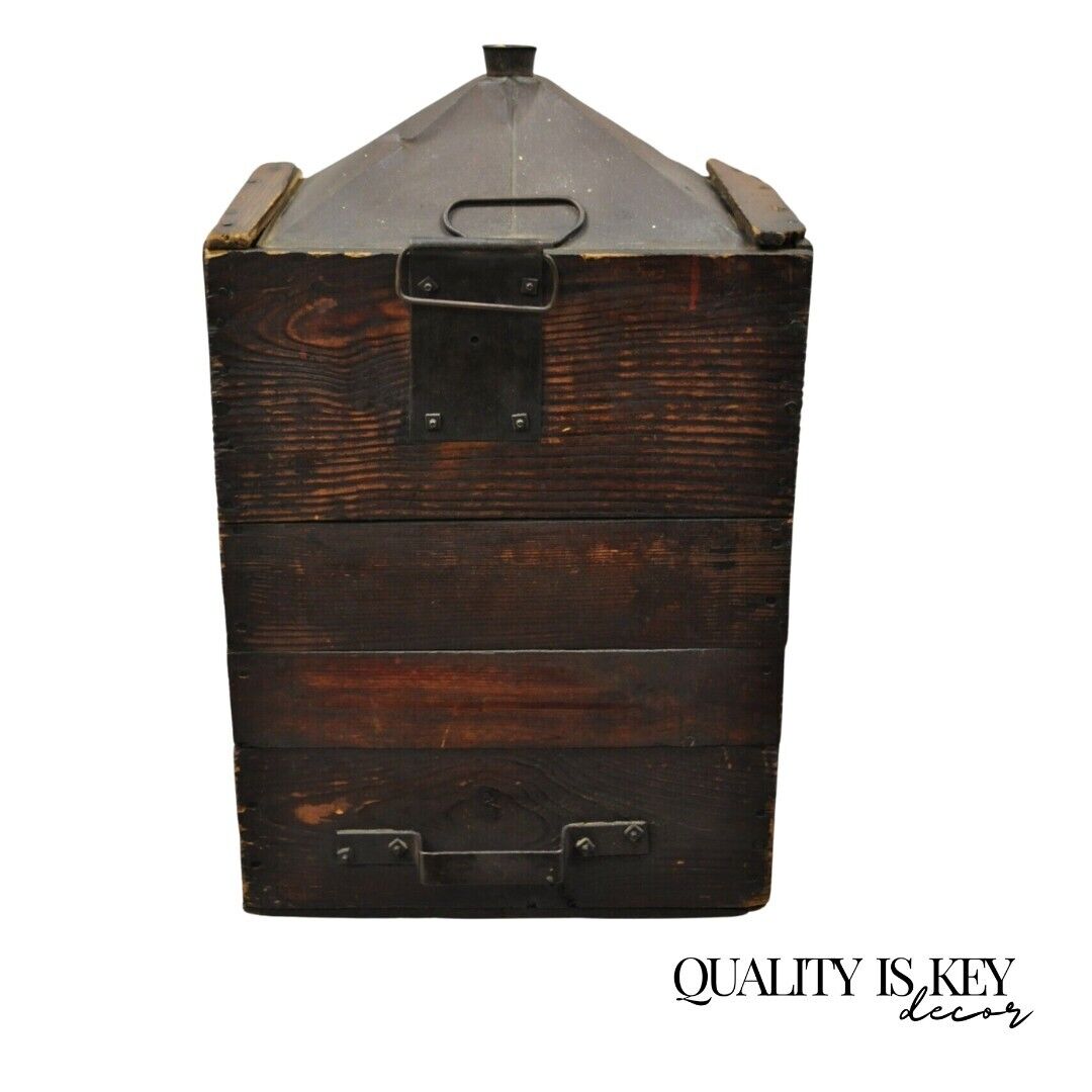 Antique Export Tin Metal Transport 5 Gallon Canister Container with Wood Case