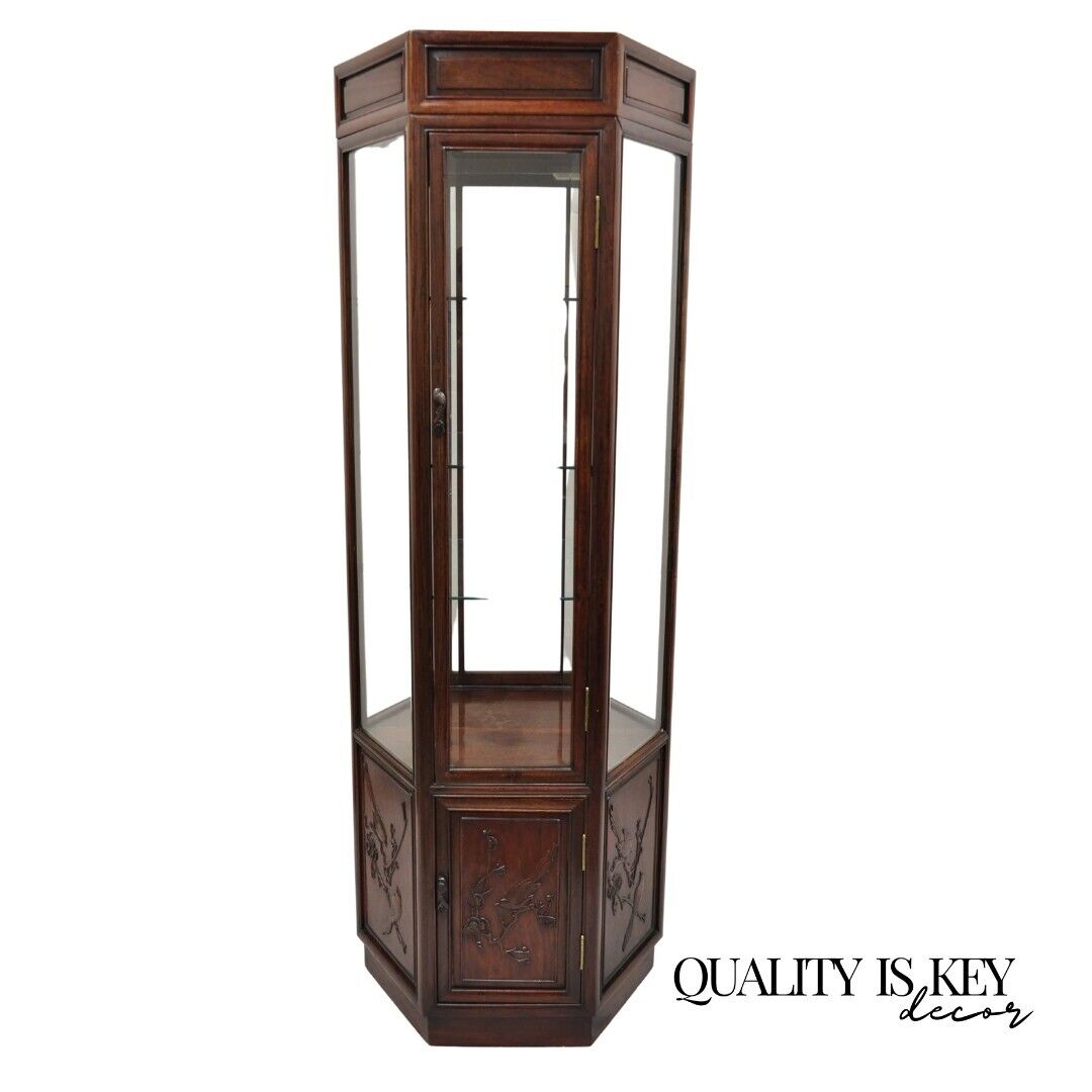 Vtg Oriental Chinoiserie Asian Mahogany Hexagonal Lighted Display Curio Cabinet