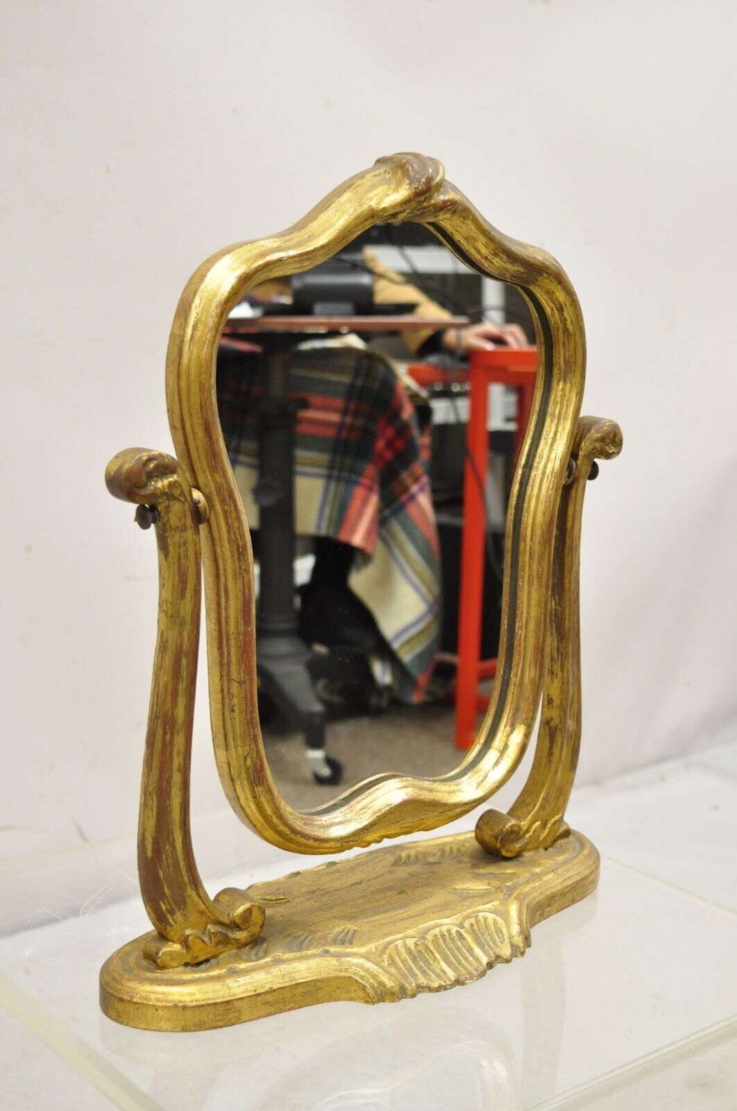 Italian Hollywood Regency Carved Gold Giltwood Distressed Small Vanity Mirror