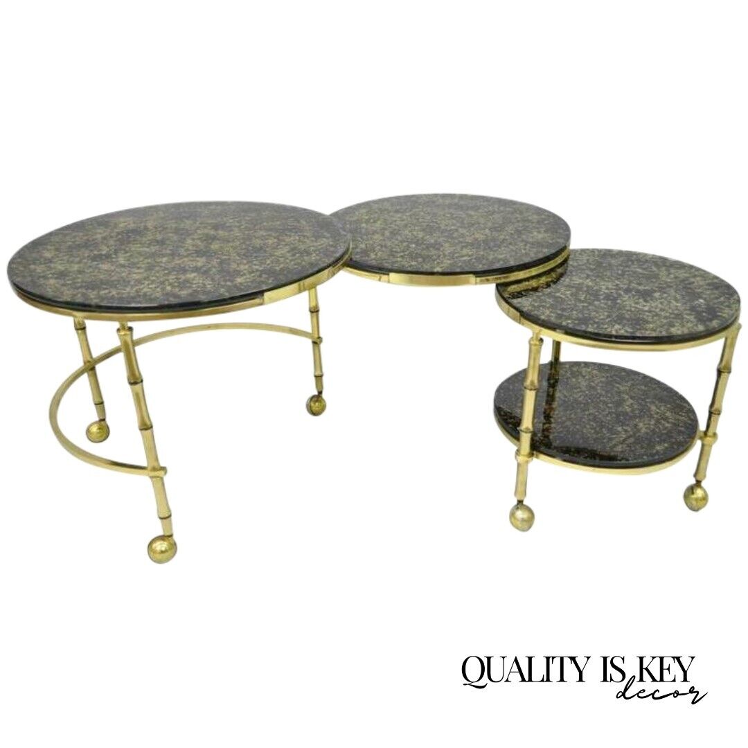 Hollywood Regency Brass & Glass Faux Bamboo Round Nesting Side Coffee Table