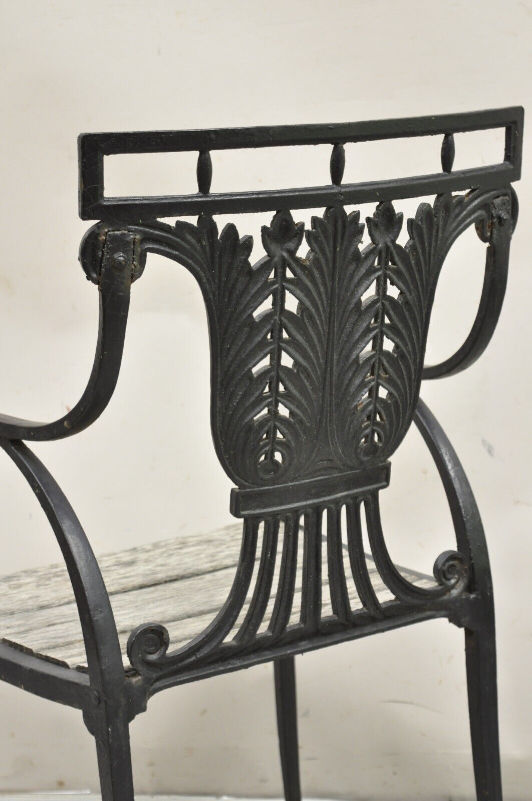 Antique French Regency Style Cast Iron Wooden Slat Garden Arm Chair