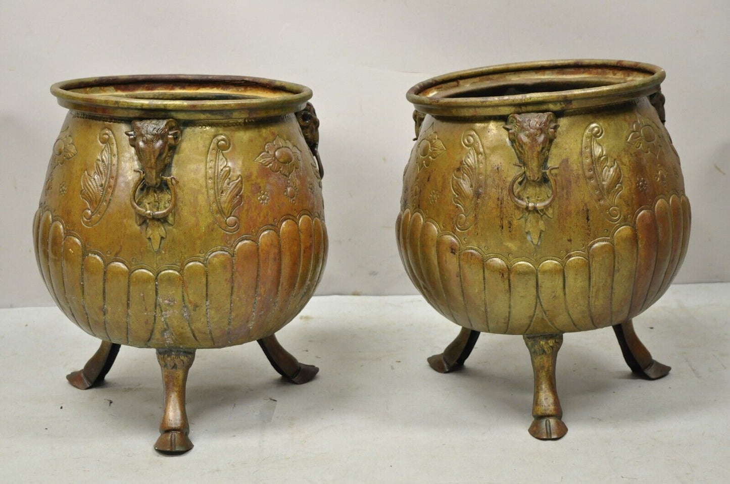 Antique French Regency Neoclassical Rams Head Copper Planter Pot - a Pair