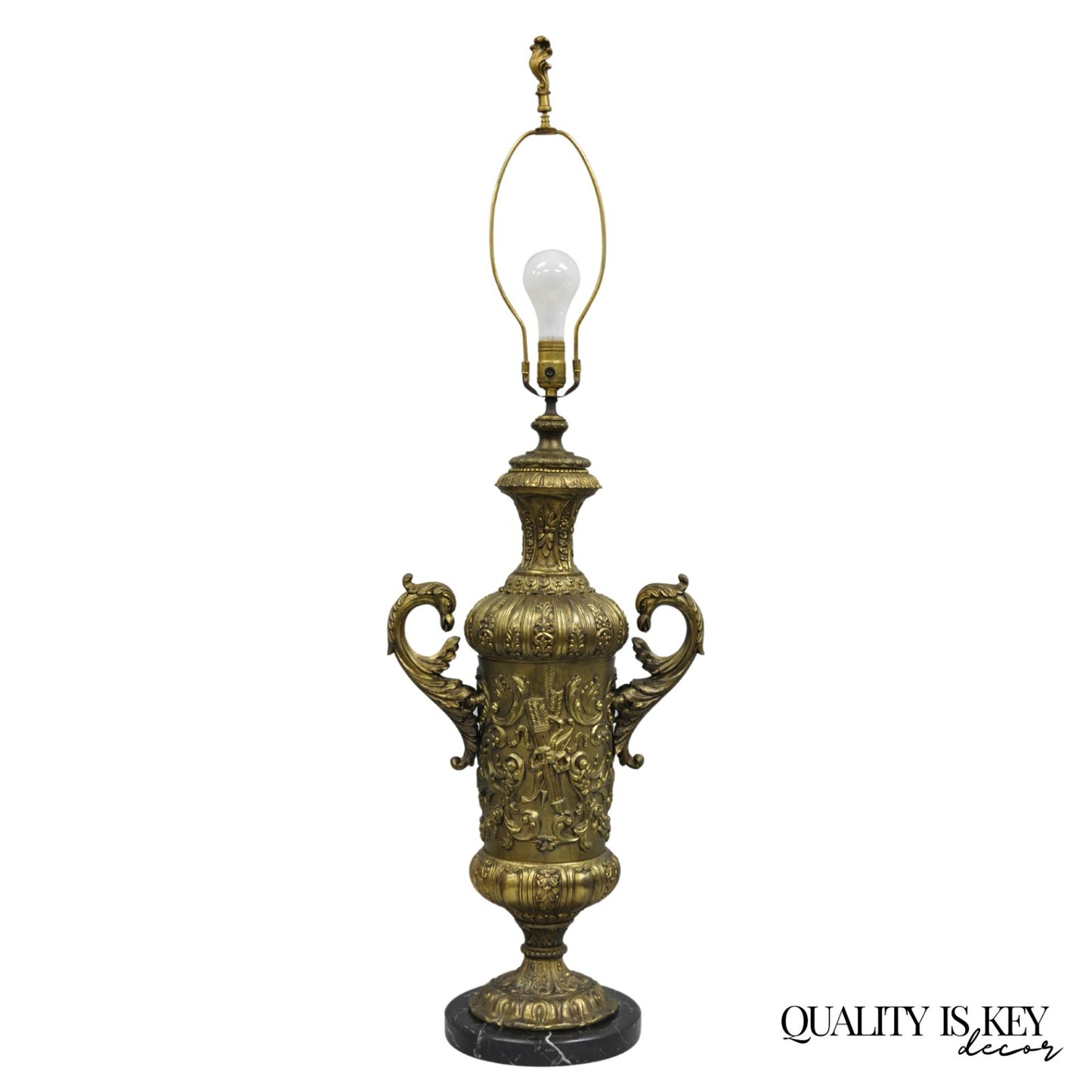 Antique Italian Renaissance Gold Bronze Figural Twin Handle Urn Large Table Lamp