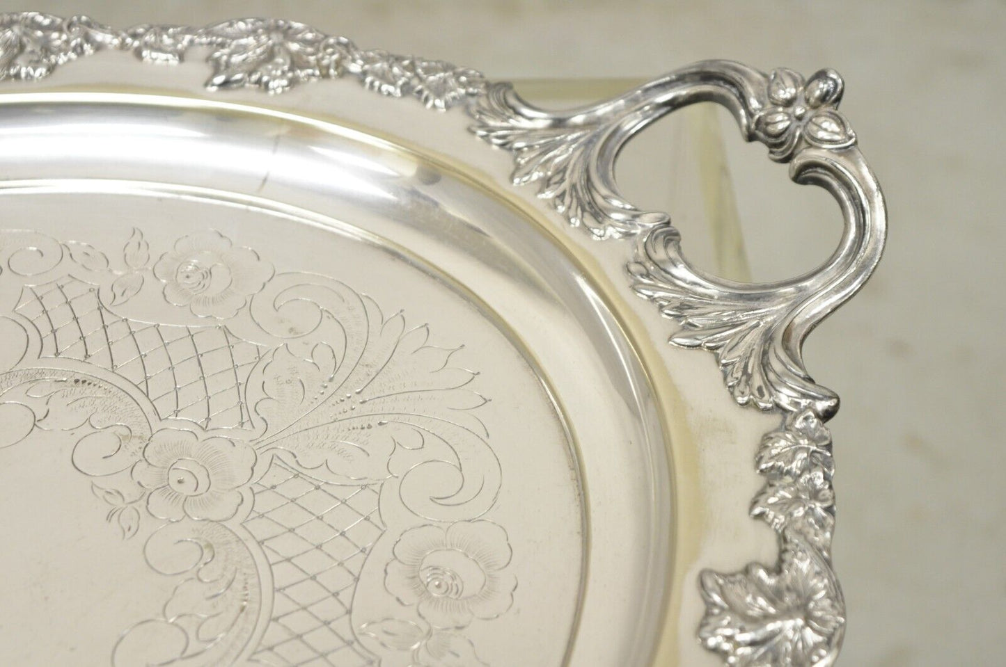 Vintage English Sheffield Silver Plated Oval Maple Leaf Serving Platter Tray