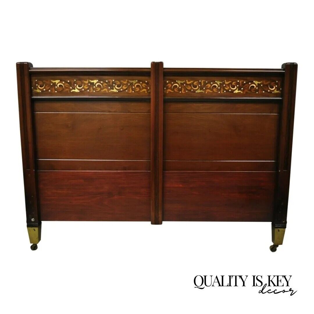 Herts Brothers Edwardian Mahogany Brass Satinwood Inlay Queen Bed Headboard