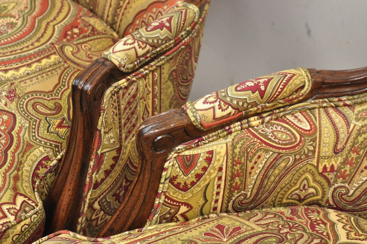 Vintage French Country Carved Walnut Burgundy Bergere Lounge Arm Chairs -a Pair