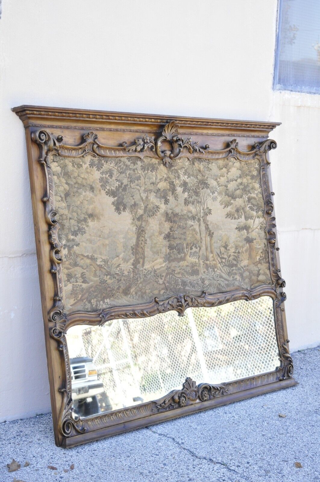 Antique French Louis XV Style Large Overmantle Trumeau Mirror with Tapestry