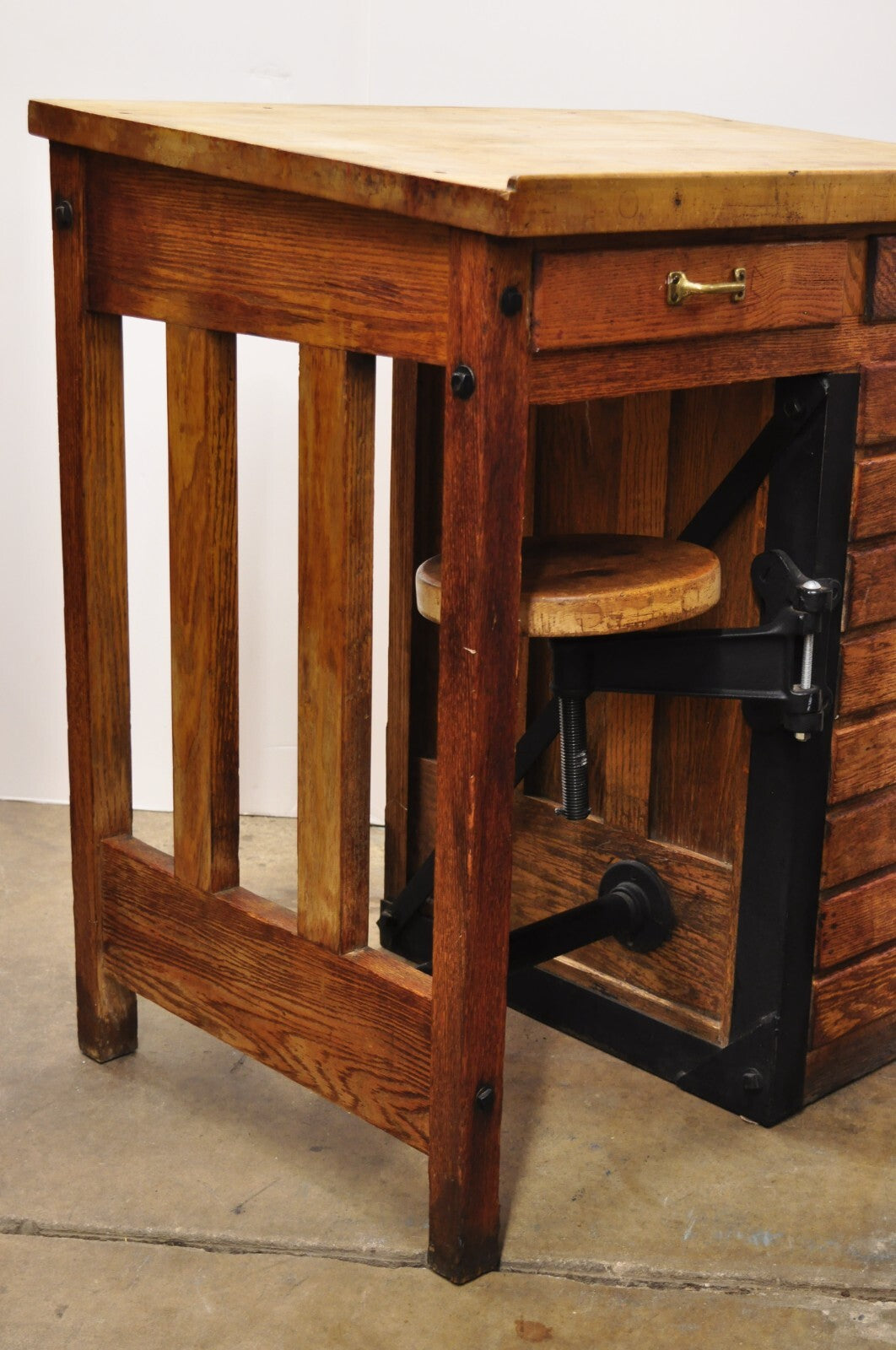 Antique Arts & Crafts Oak Jewelers Workbench Desk Drafting Table w/ Swivel Stool