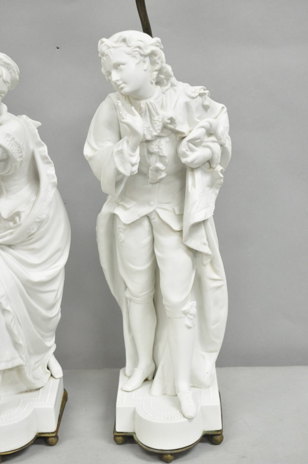 Victorian White Parian Porcelain Figural Bisque Man and Woman Table Lamps, Pair