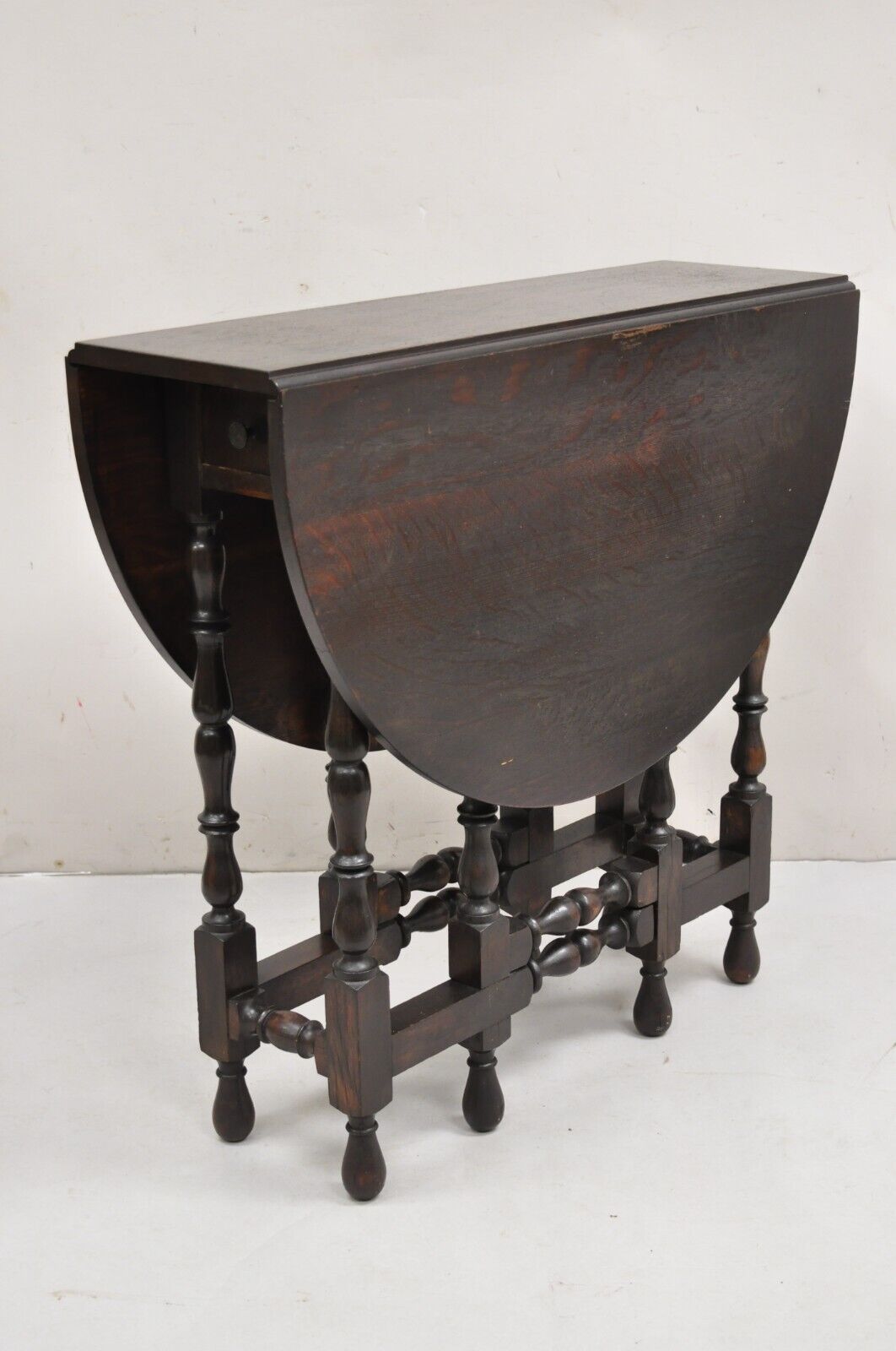 Antique English Jacobean Oak Wood Barley Twist Small Oval Drop Leaf Table