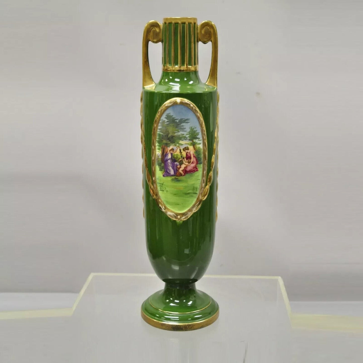 Antique Josef Joseph Strnact JS 20" Tall Green French Porcelain Vase, Austria