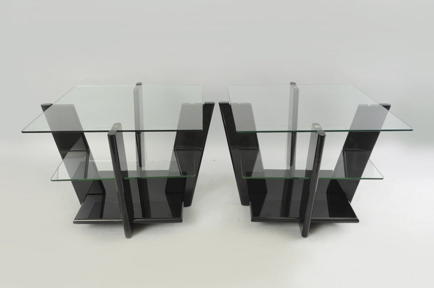 Pair of Contemporary Modern Black Lacquer & Glass 3 Tier End Tables Sculptural