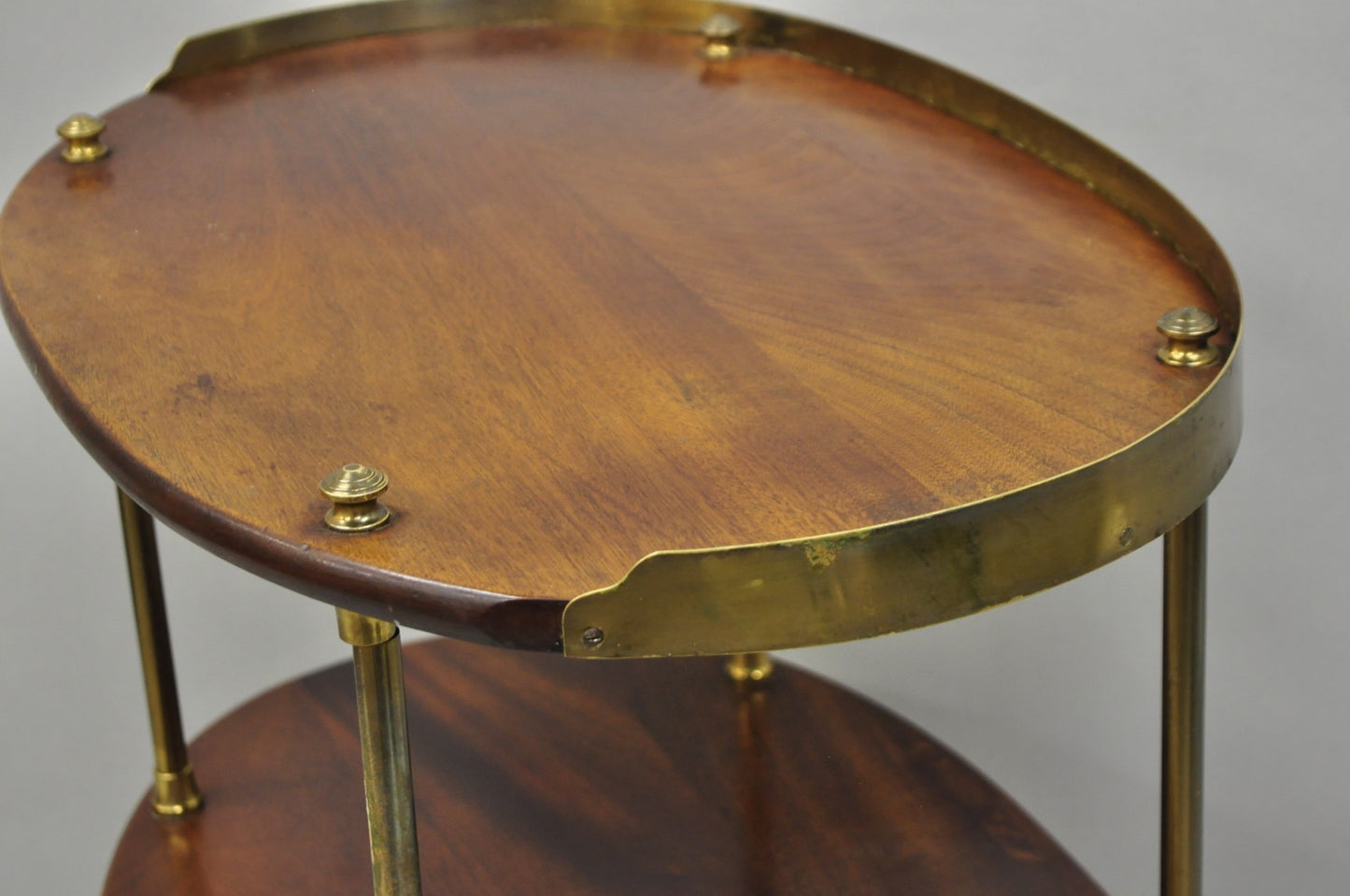 English Campaign Style Mahogany & Brass Oval 3 Tier Rolling Bar Cart Side Table