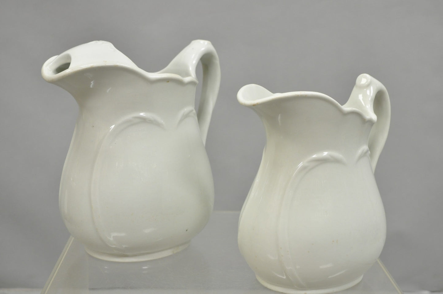 Vintage English Ironstone White Farmhouse Milk Water Pitchers - Set of 2