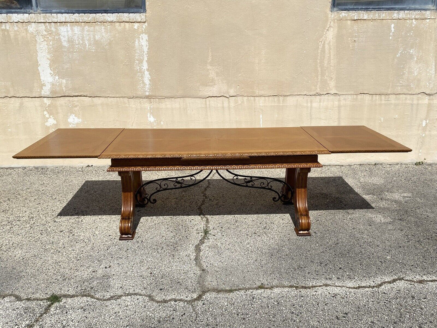 Antique Spanish Baroque Jacobean Oak Wood Refectory Extension Dining Table