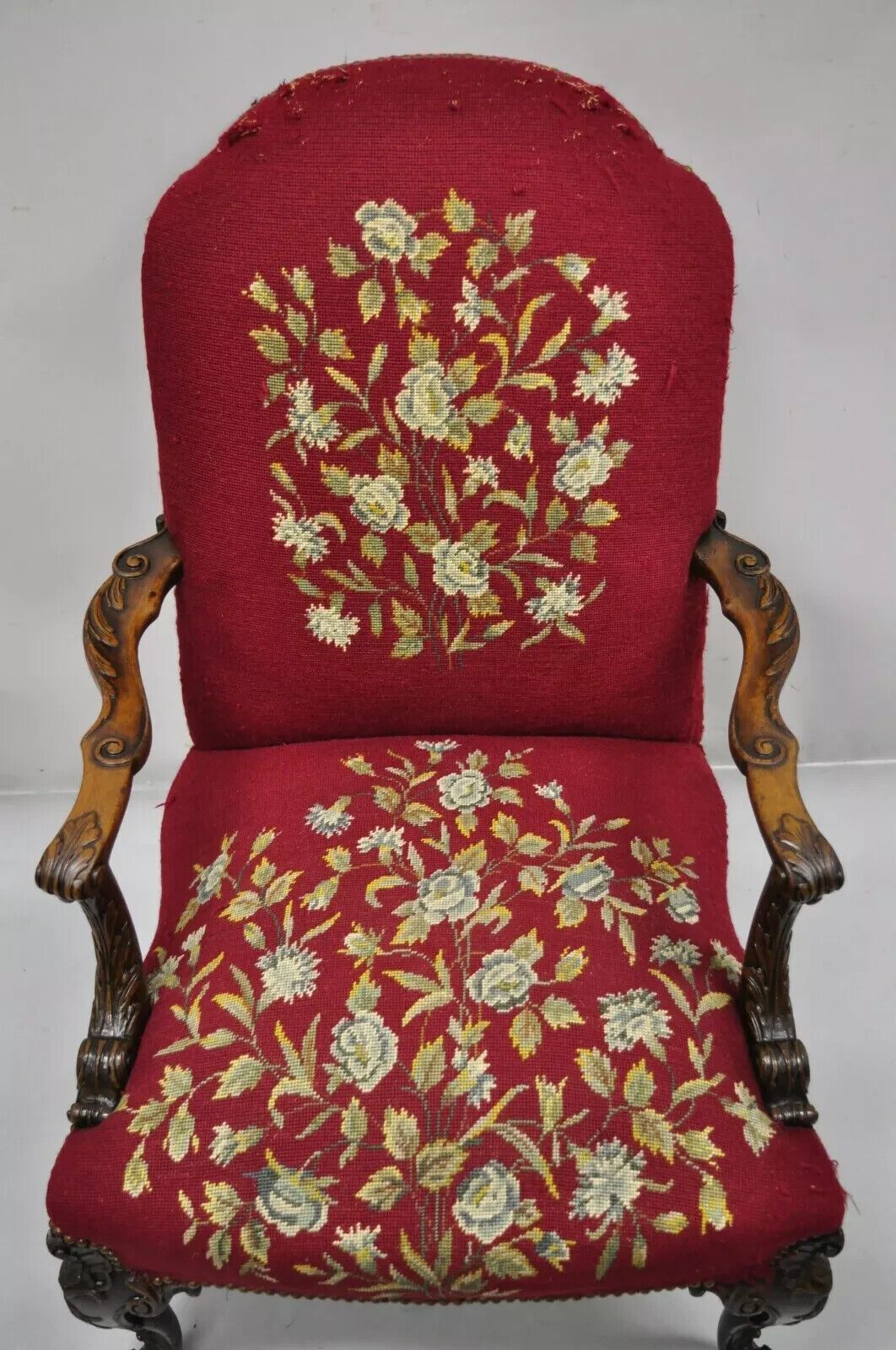 Antique Georgian Floral Needlepoint Carved Mahogany Fireside Lounge Arm Chair