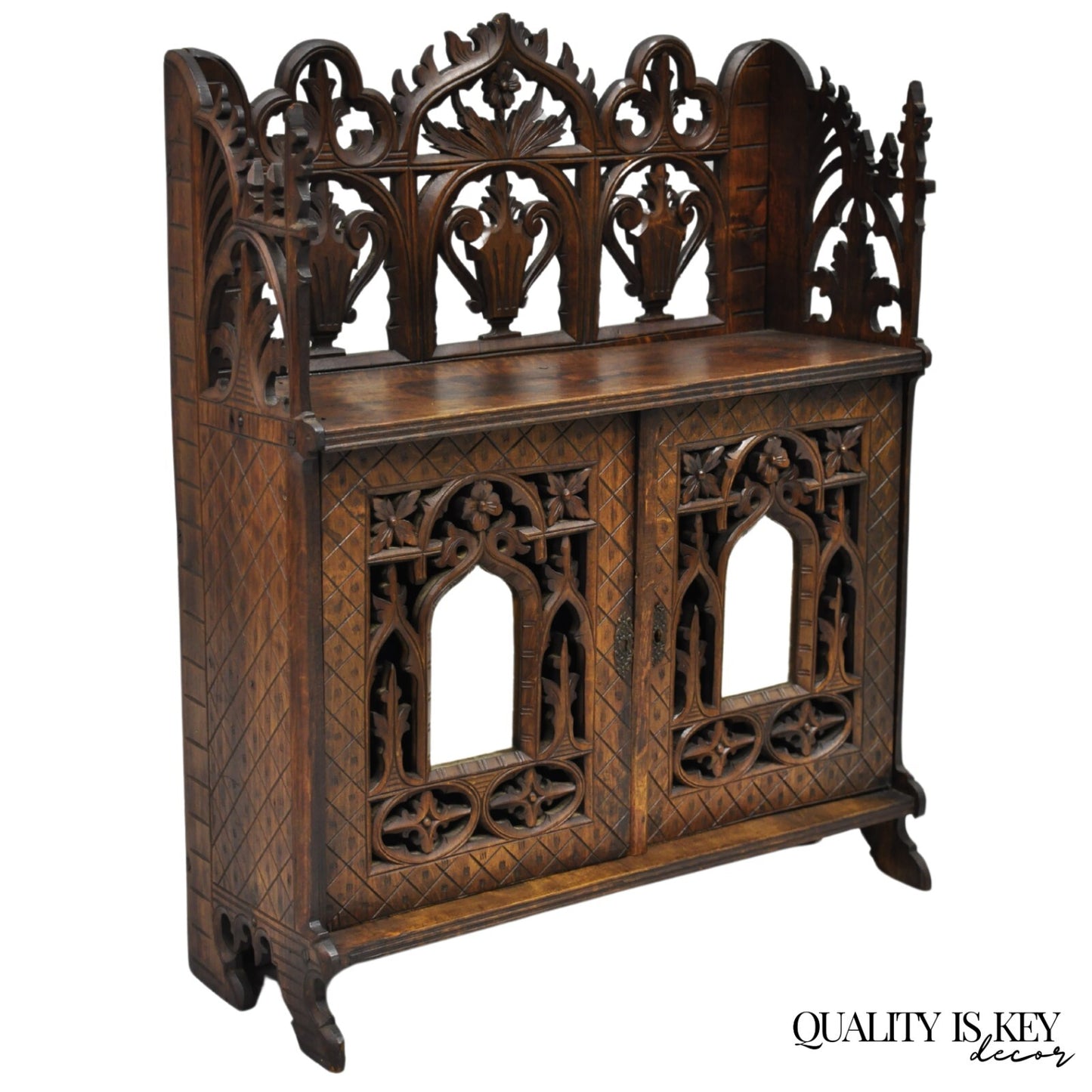Antique Gothic Arts & Crafts Black Forest Walnut Carved Small Wall Curio Cabinet
