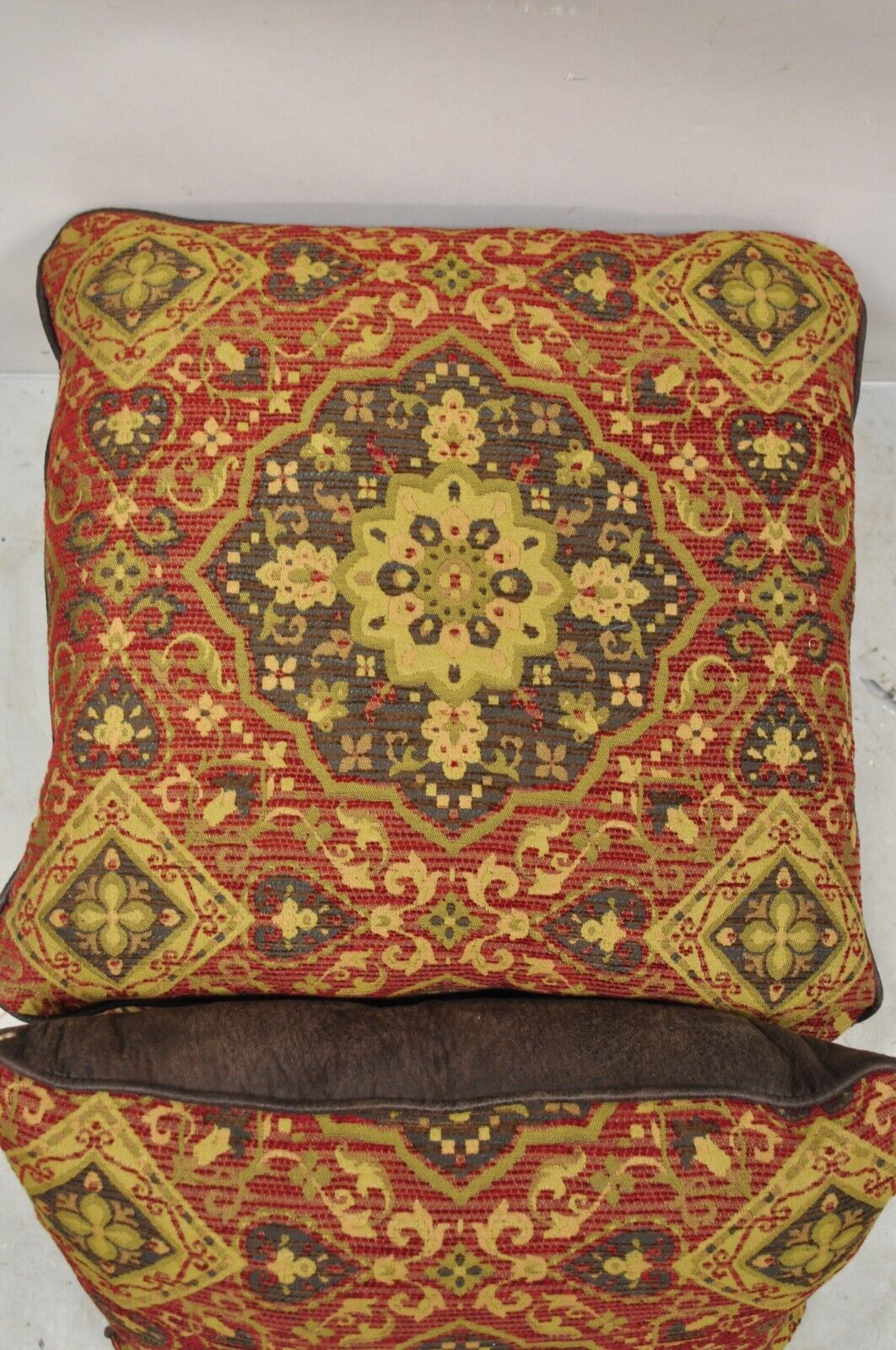 4 Contemporary Mediterranean Style Red and Brown Tapestry Faux Leather Pillows