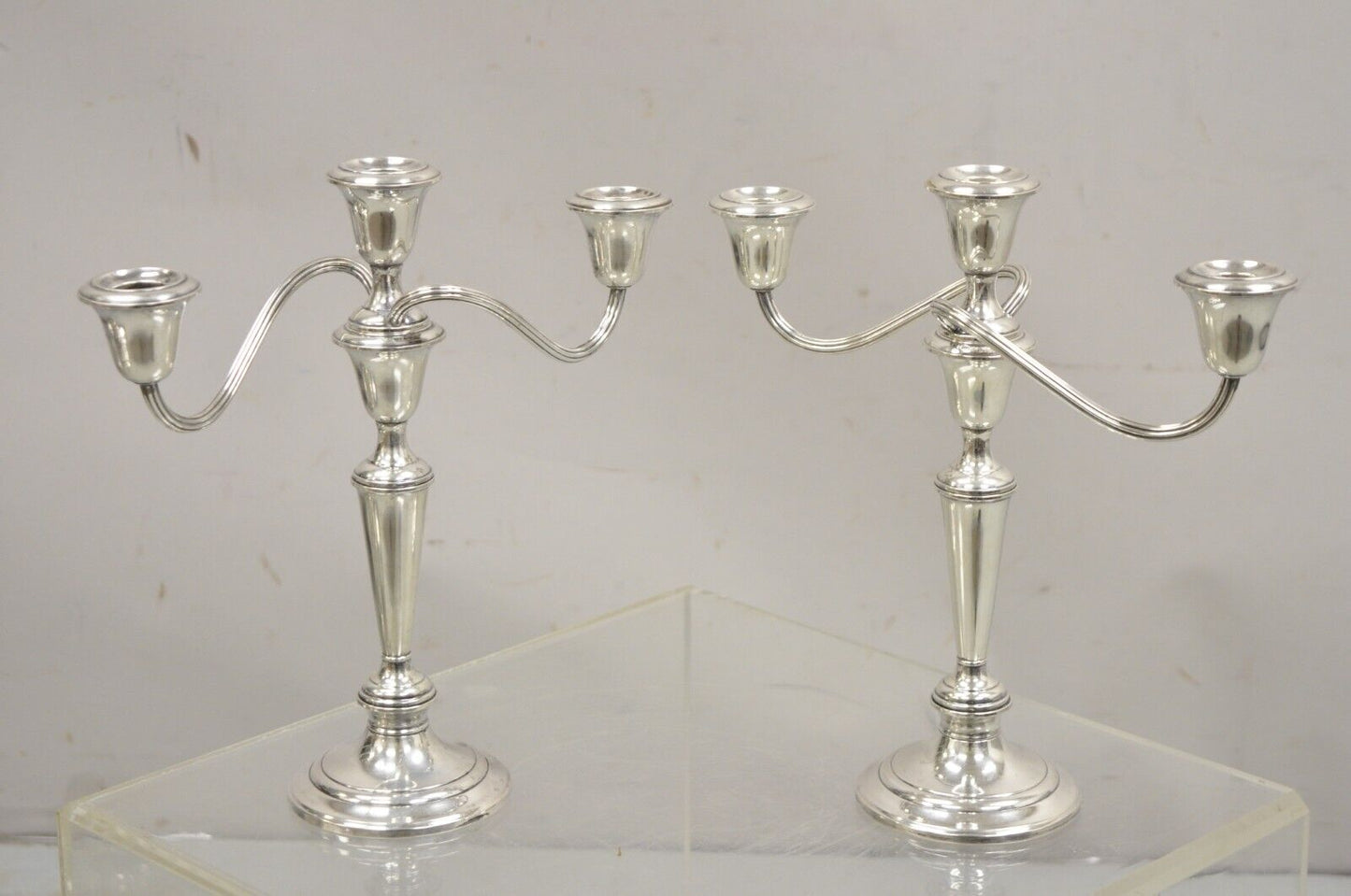 Gorham 808/1 Weighted Sterling Silver 3 Light Candlestick Candle - a Pair