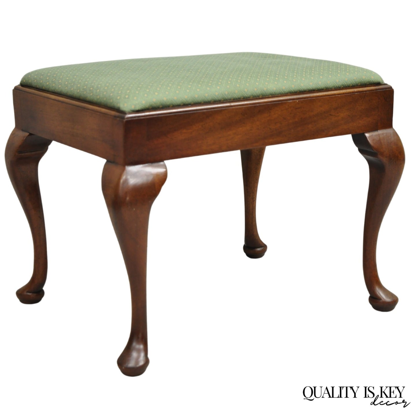 Vintage Queen Anne Style Mahogany Wood Green Upholstered Footstool Ottoman