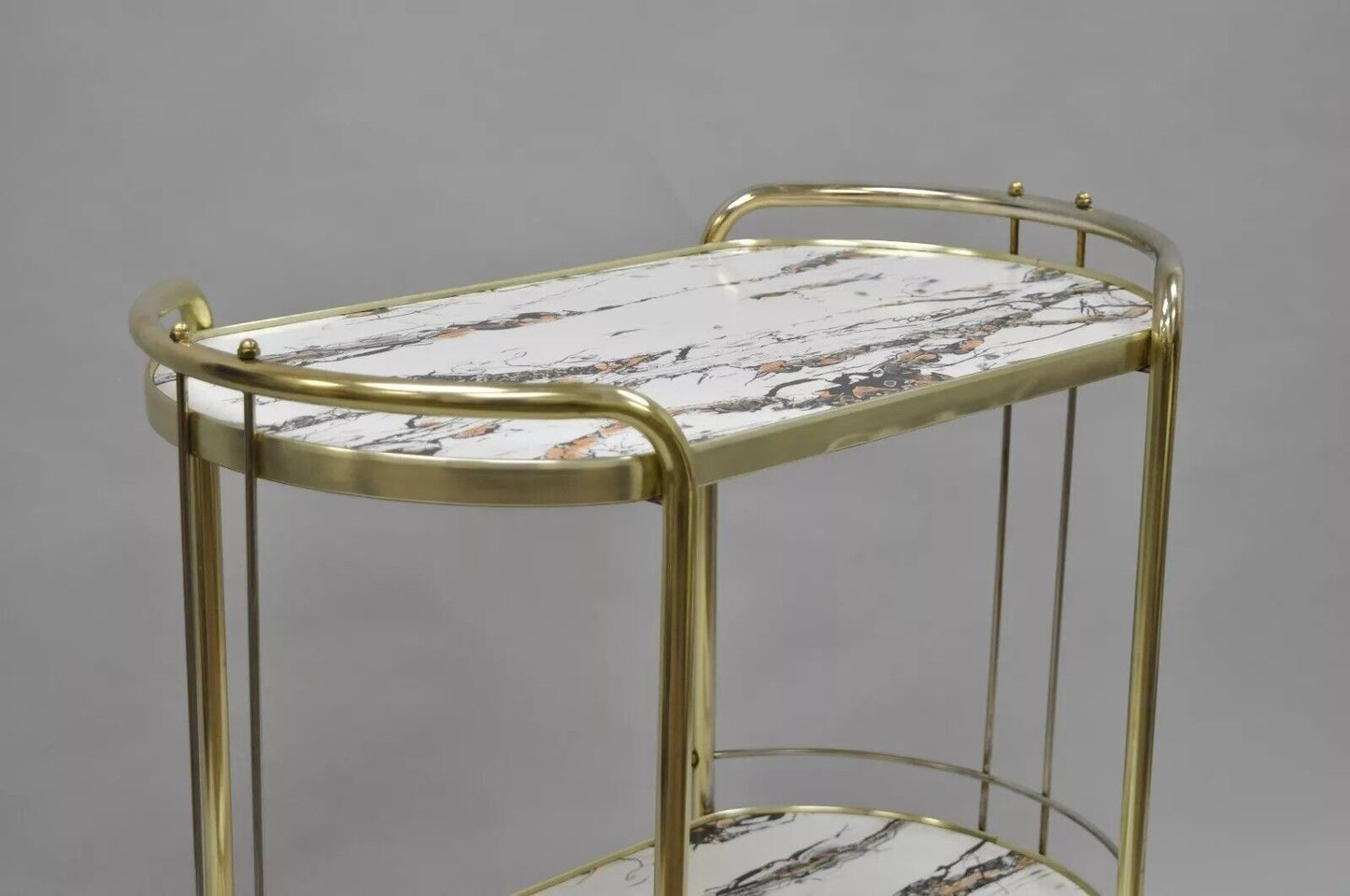 Vintage Mid Century Modern Brass Rolling Bar Tea Cart Laminate Faux Marble
