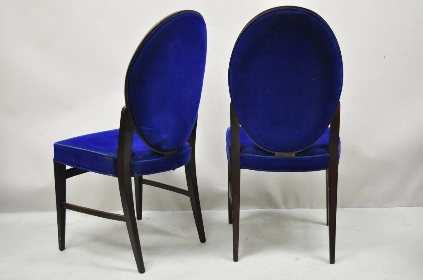 French Art Deco Oval Upholstered Back Mahogany Frame Blue Dining Chairs - a Pair