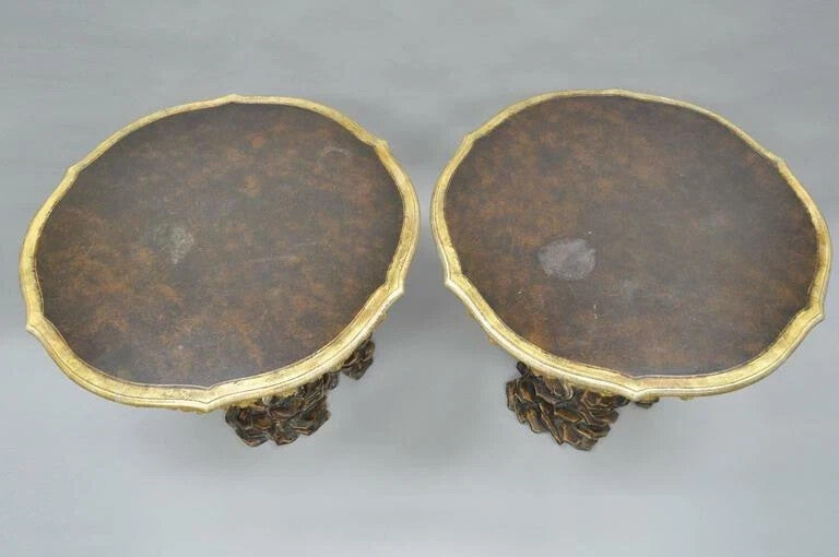 Vintage Italian Venetian Carved Wood Faux Bois Grapevine Center Tables - a Pair