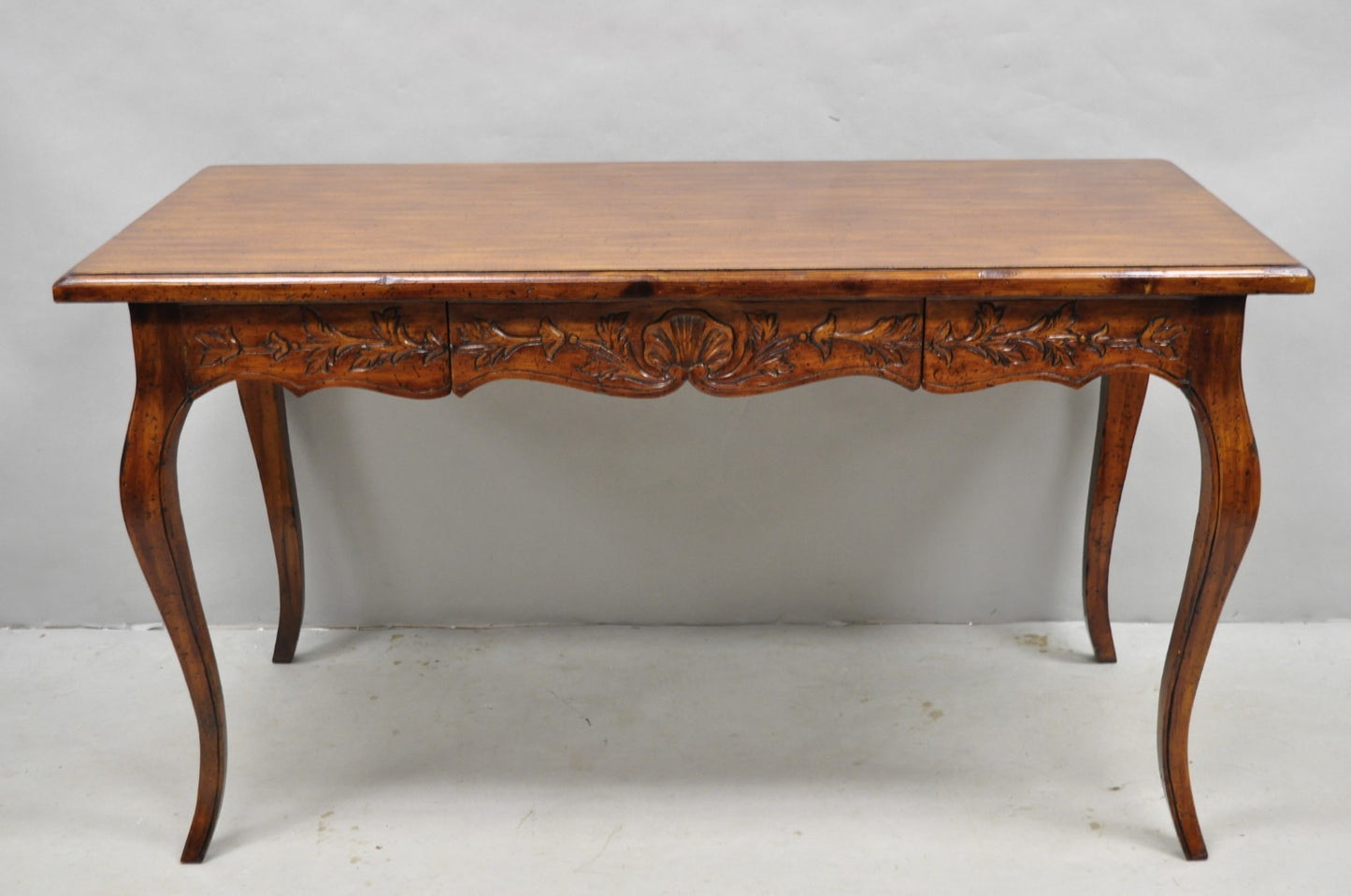 Vintage French Country Pine Wood Distress Floral Carved 1 Drawer Writing Desk