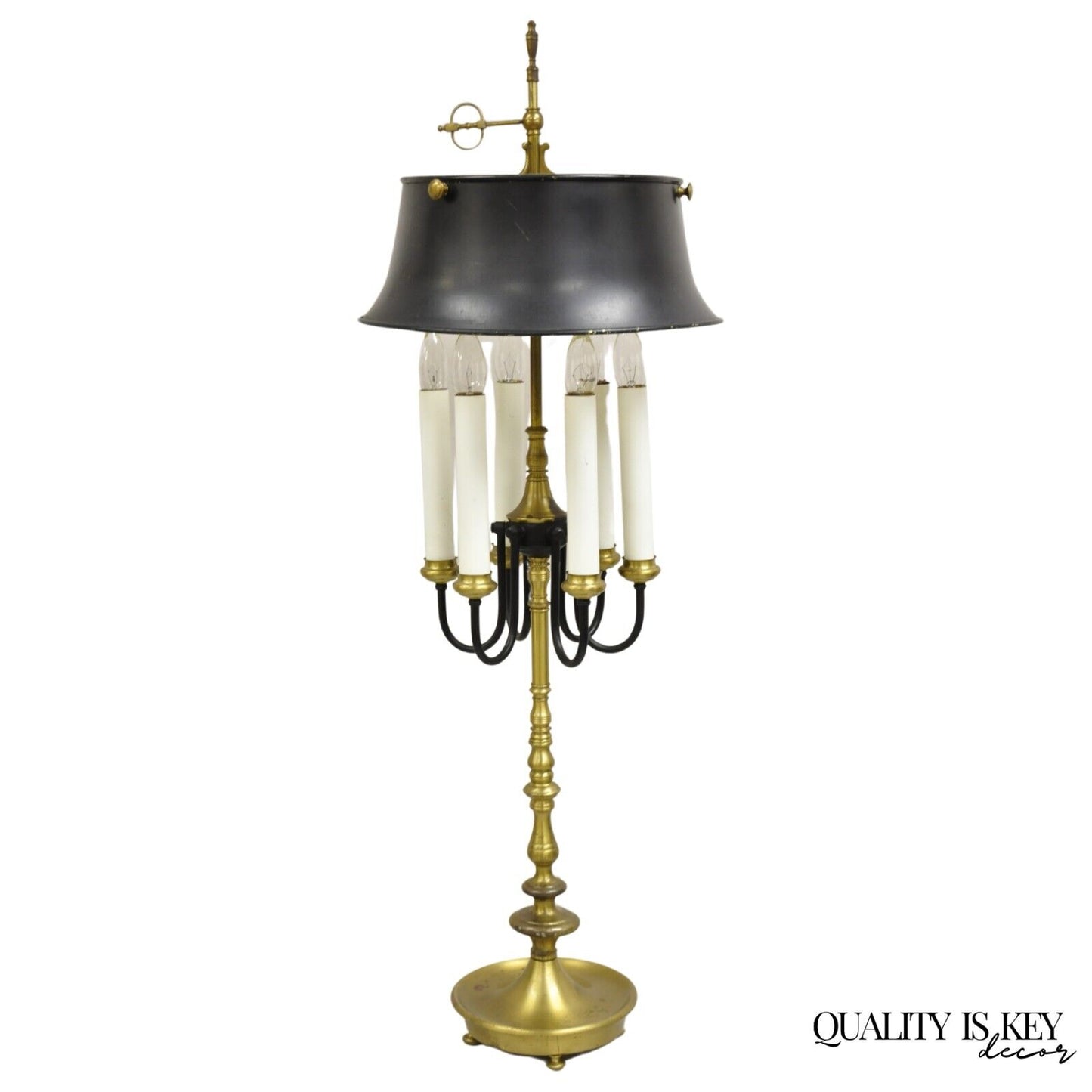 French Regency Tall Brass Candelabra Bouillotte Desk Lamp w/ Tole Metal Shade