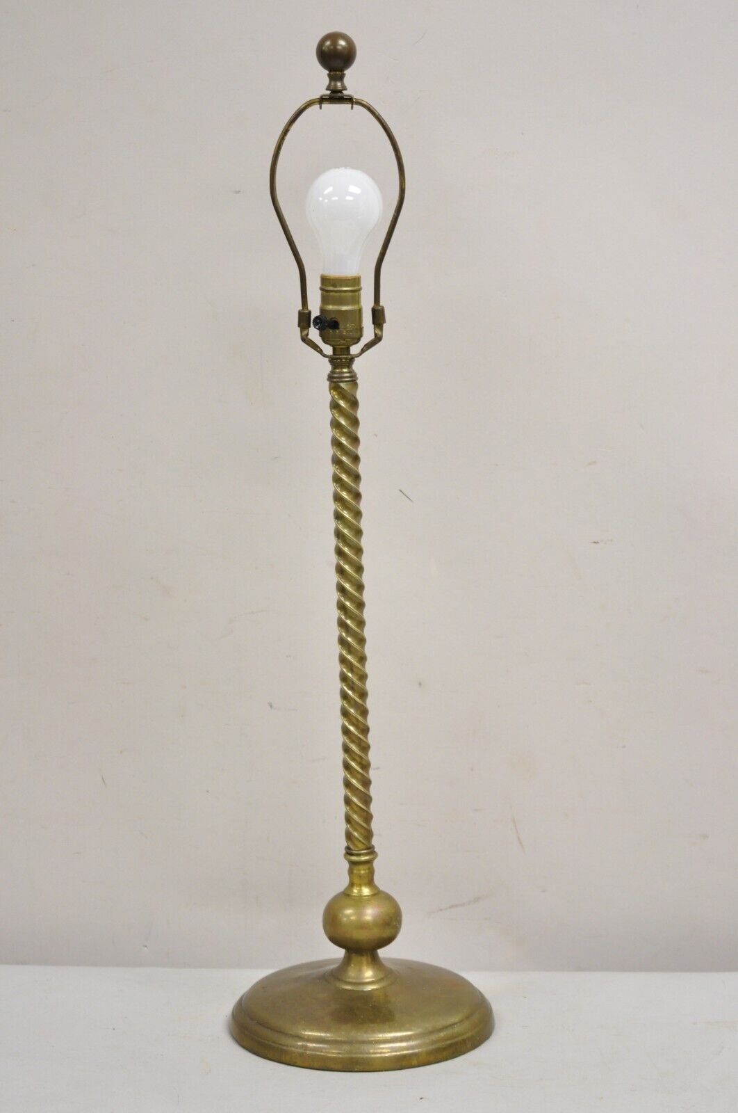 Antique Italian Neoclassical Brass Spiral Column Candlestick Table Lamp