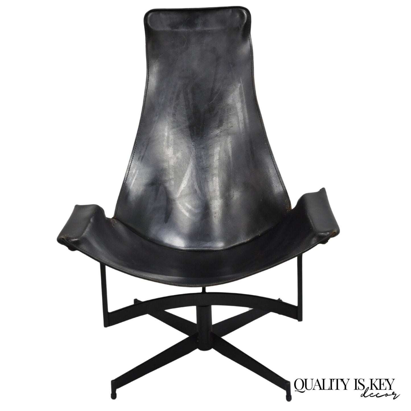William Katavolos Mid Century Modern Black Leather Sling Steel K Lounge Chair