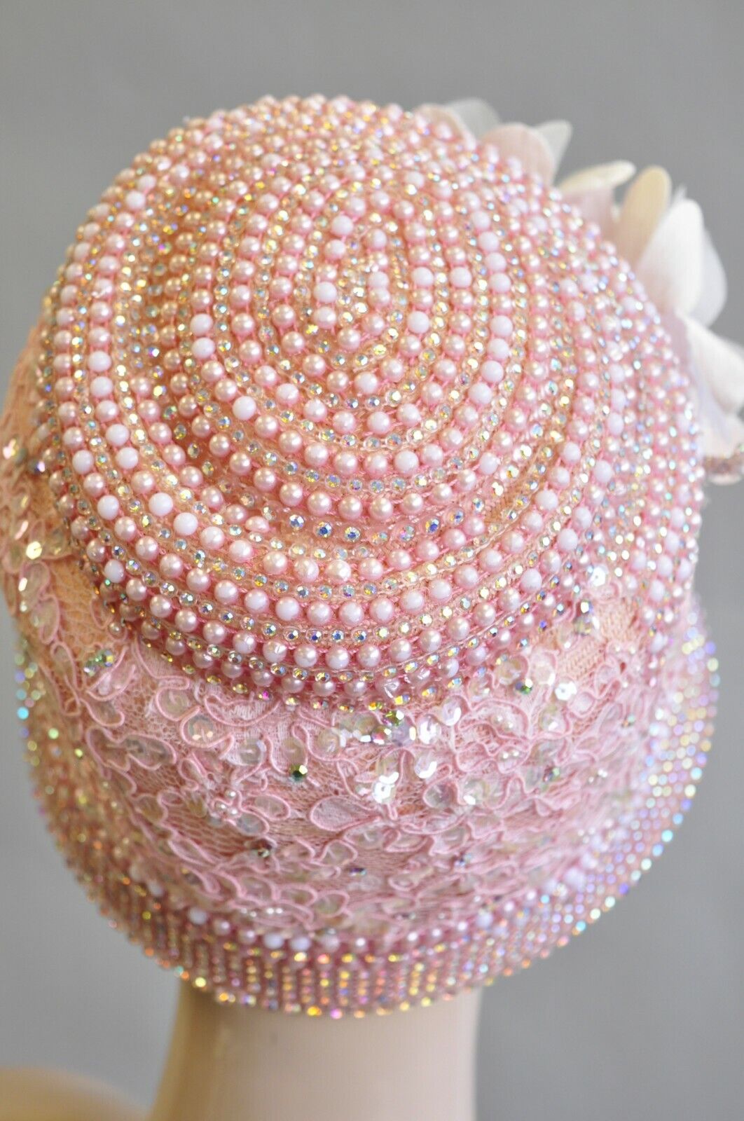 Shellie McDowell Pink Lace Iridescent Pearl Rhinestones Church Derby Crown Hat