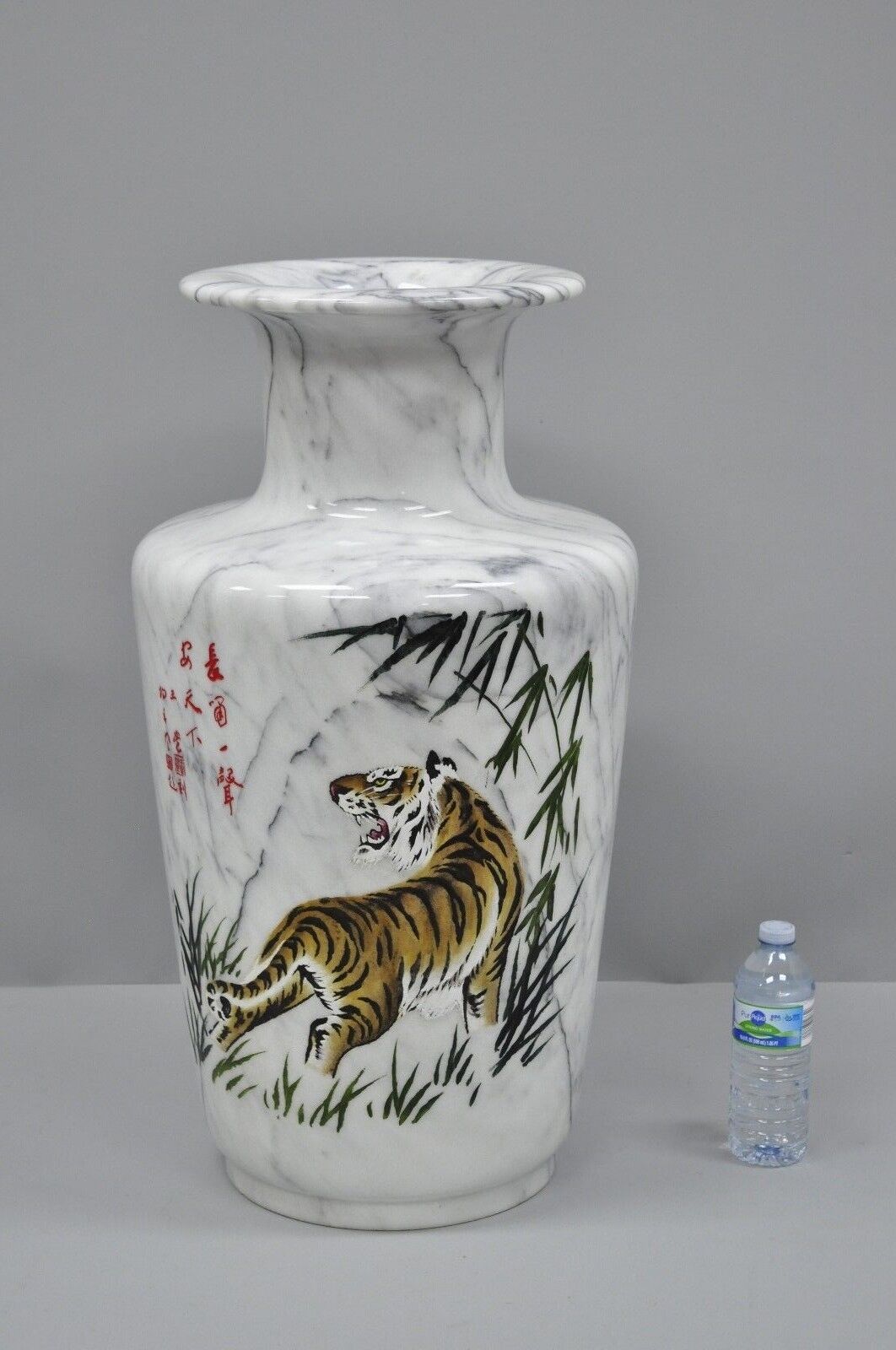 Vintage Oriental Large 28" White Carved Marble Painted Tiger Vase Vessel