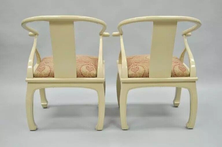 Vintage Oriental Horseshoe Ming Style Cream Lacquered Lounge Chairs - a Pair