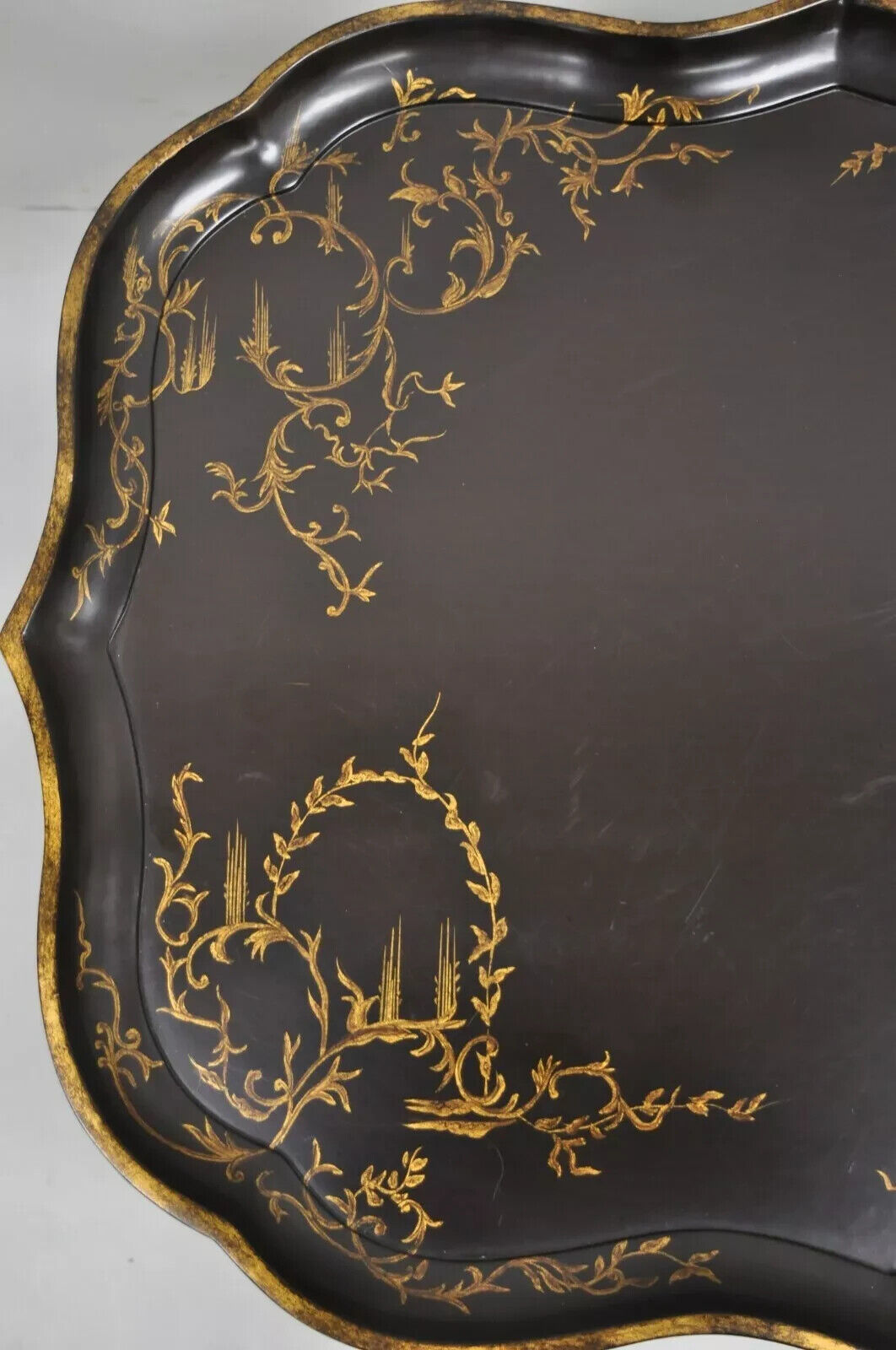 Chinoiserie Faux Bamboo Brown Lacquer Scallop Tray Top Coffee Cocktail Table