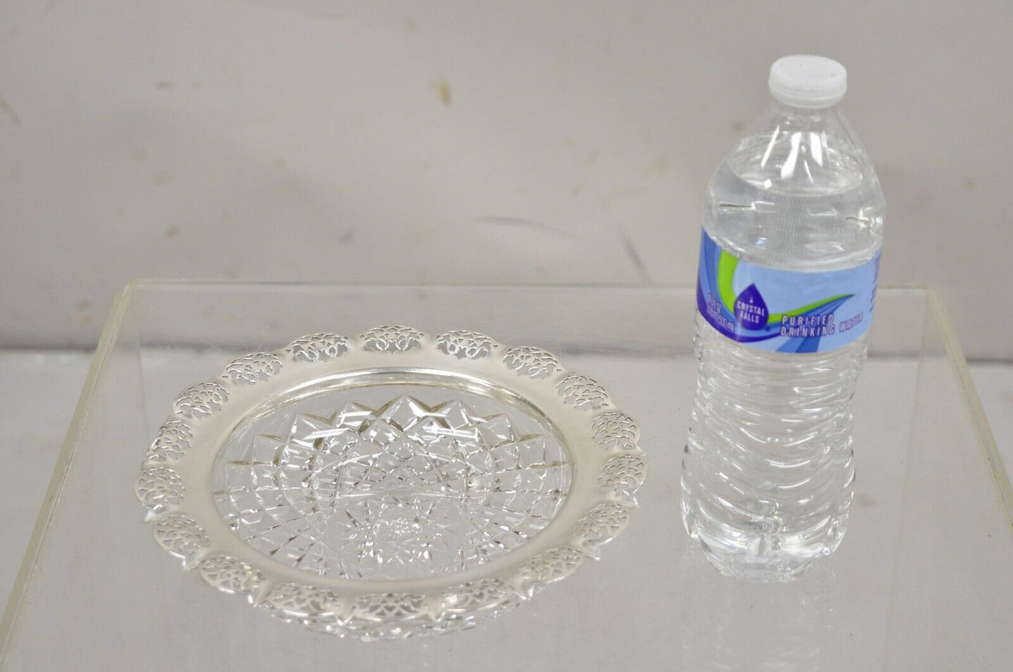 Antique English Victorian Cut Crystal Silver Plated Gallery Ashtray Trinket Dish