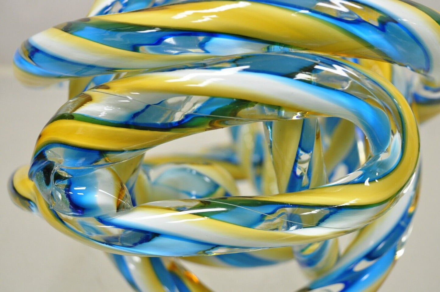 Murano Art Glass Swirl 8" Infinity Knot of Love Blue and Yellow