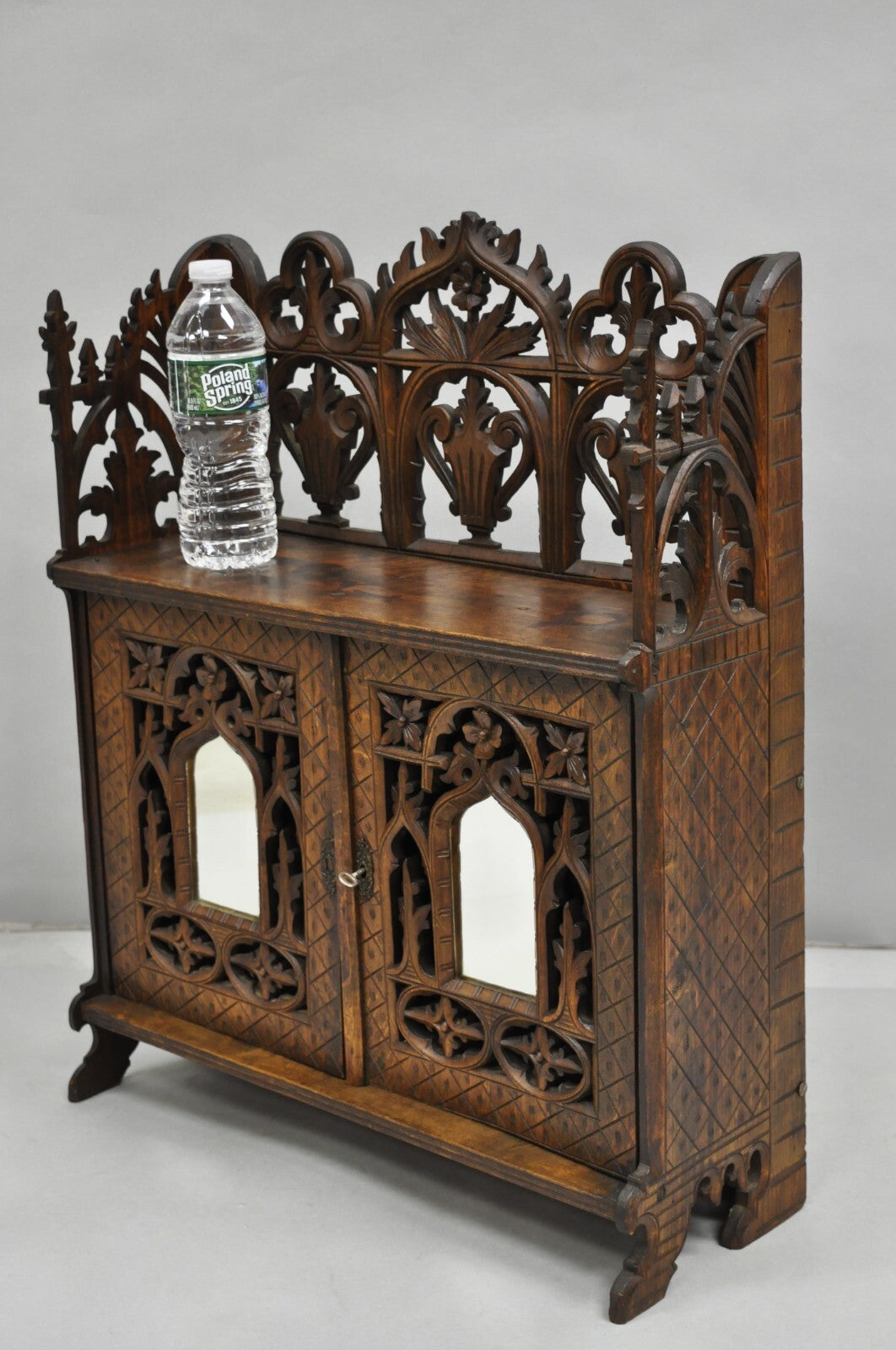 Antique Gothic Arts & Crafts Black Forest Walnut Carved Small Wall Curio Cabinet