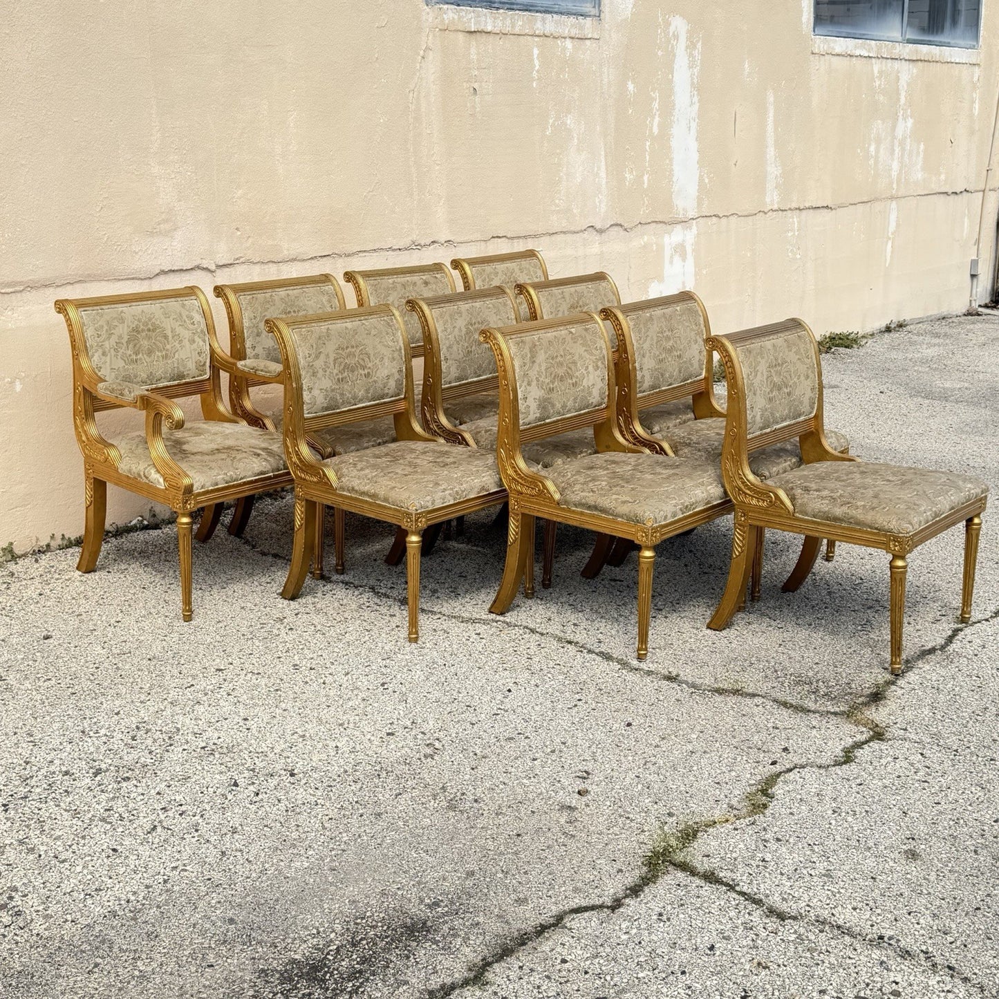 Neoclassical Regency Style Gold Carved Wood Dining Room Chairs - Set of 10