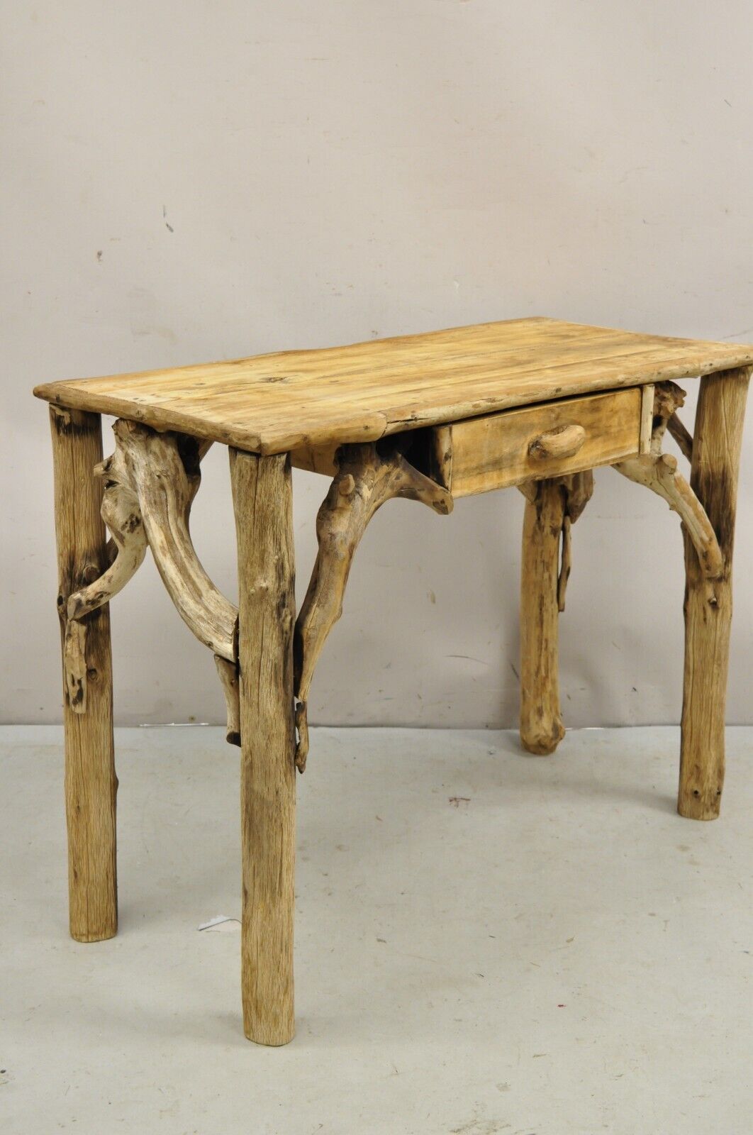 Vintage Rustic Modern Driftwood Branch Small Wooden Desk and Chair with Drawer