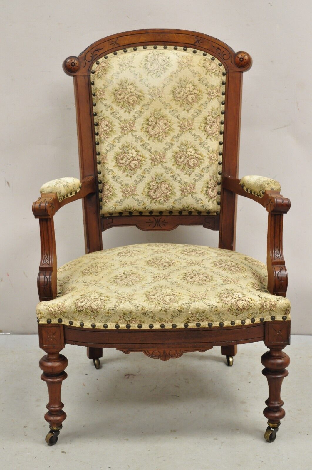 Antique Victorian Carved Walnut Tapestry Upholstered Parlor Lounge Arm Chair
