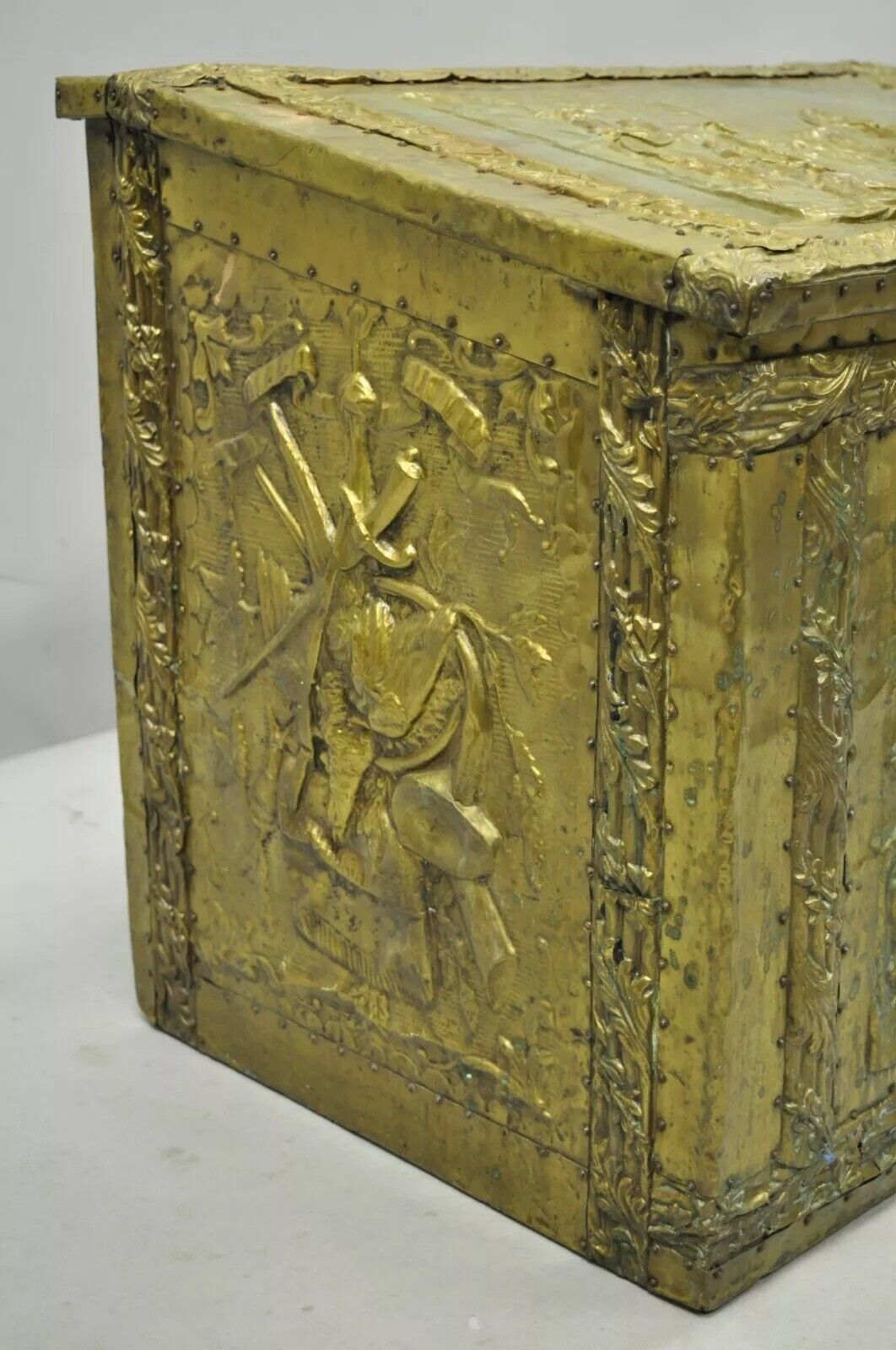 Antique Victorian Embossed Brass Fireplace Log Box Coal Box with Country Scenes