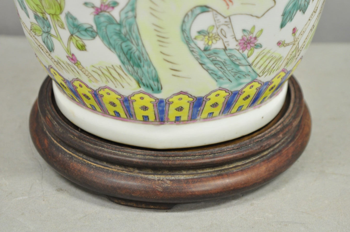 Vintage Oriental Porcelain Jardiniere Vase Bird and Flower Painted Table Lamp