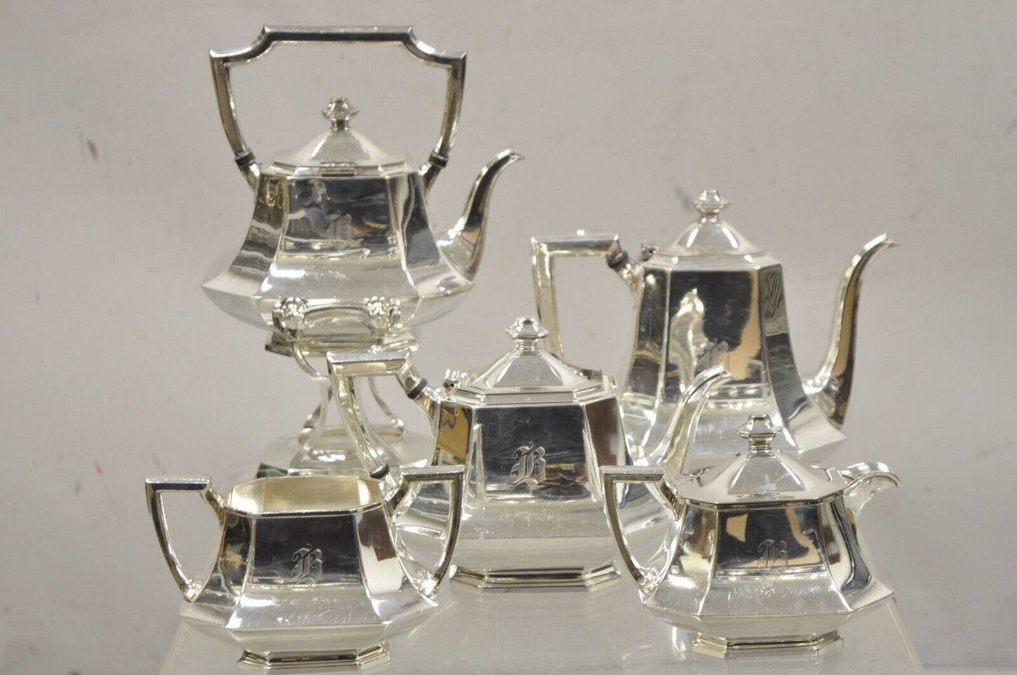 Antique Wallace 3104N Art Deco Octagonal Silver Plated Tea Set- 5 Pc Set