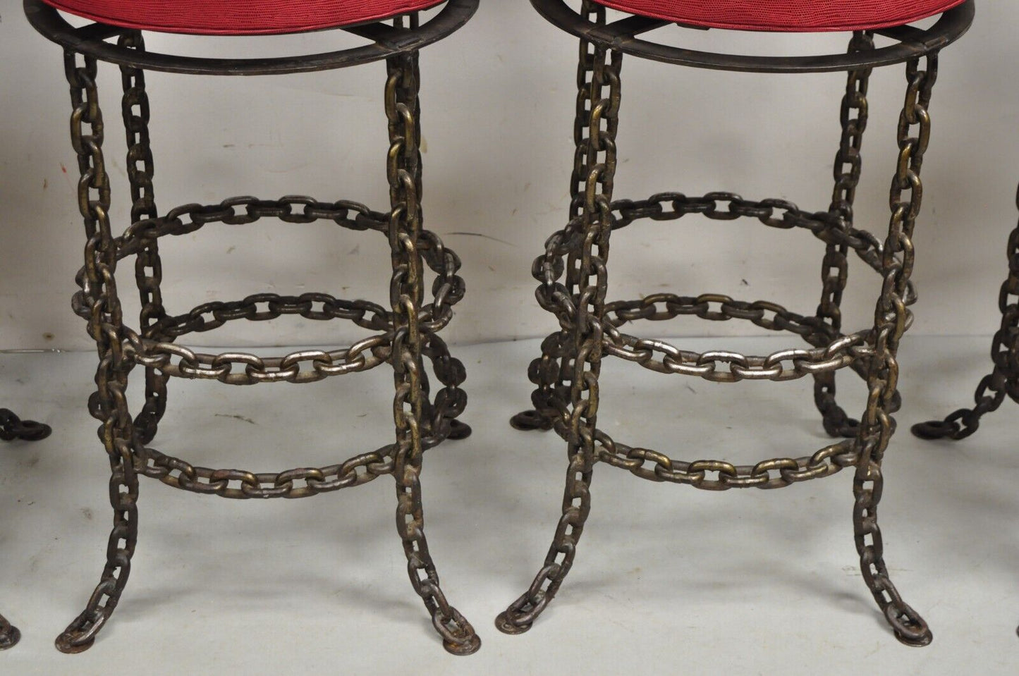 Vintage Mid Century Brutalist Iron Chain Link Swivel Counter Bar Stool Set of 4