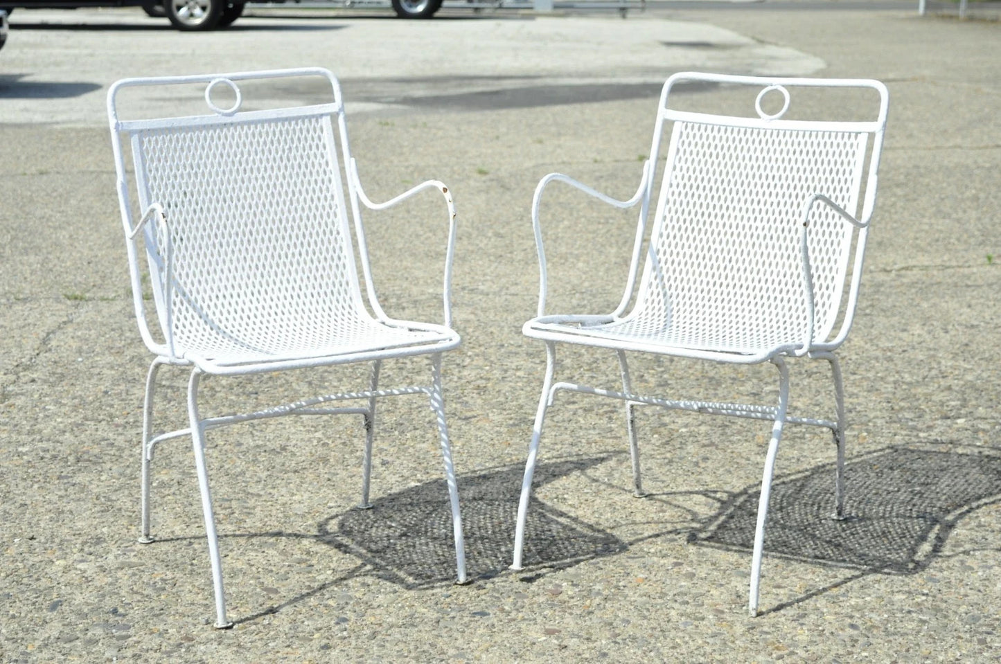 Vintage Russell Woodard White Wrought Iron Garden Patio Arm Chairs - a Pair