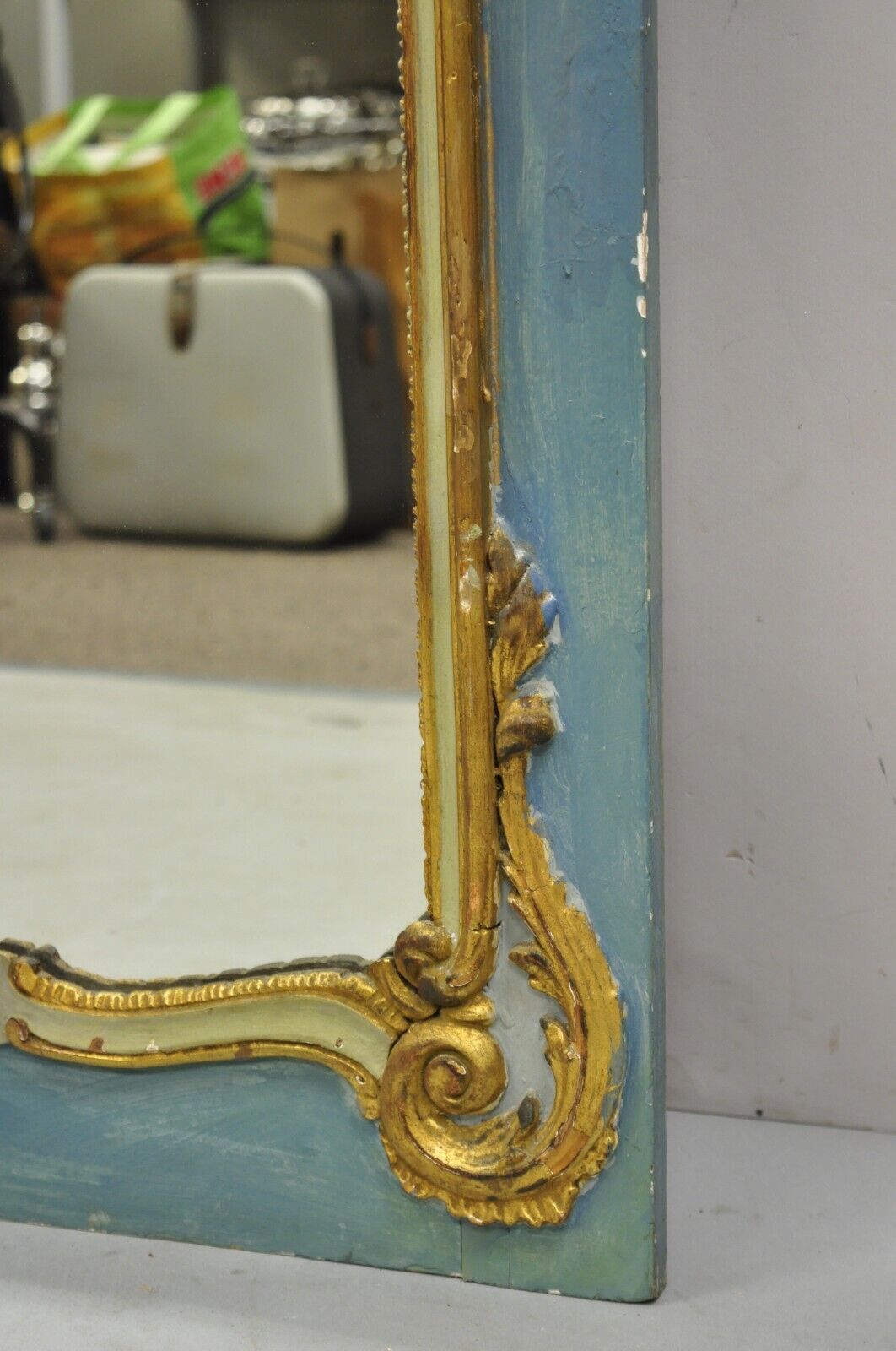 Antique French Louis XV Style Floral Bouquet Blue Distress Painted Wall Mirror