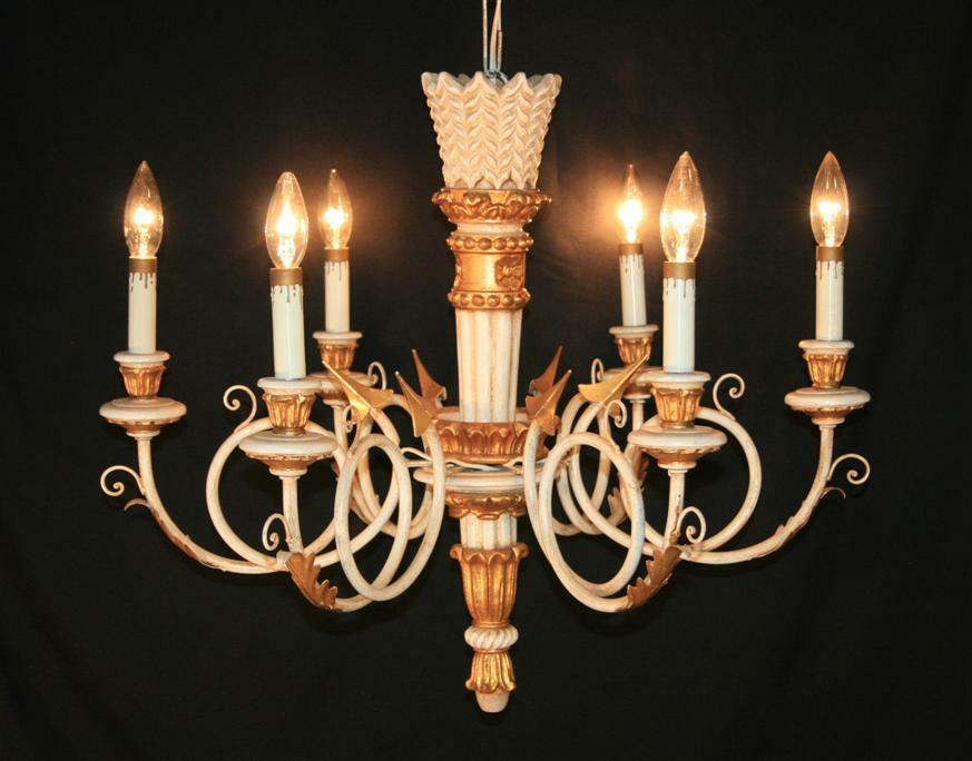 Vintage Italian Neoclassical Style White and Gold Giltwood Arrow Chandelier