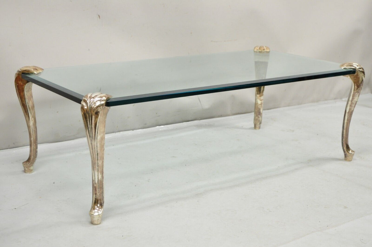 Vintage French Hollywood Regency Beveled Glass Bronze Cabriole Leg Coffee Table