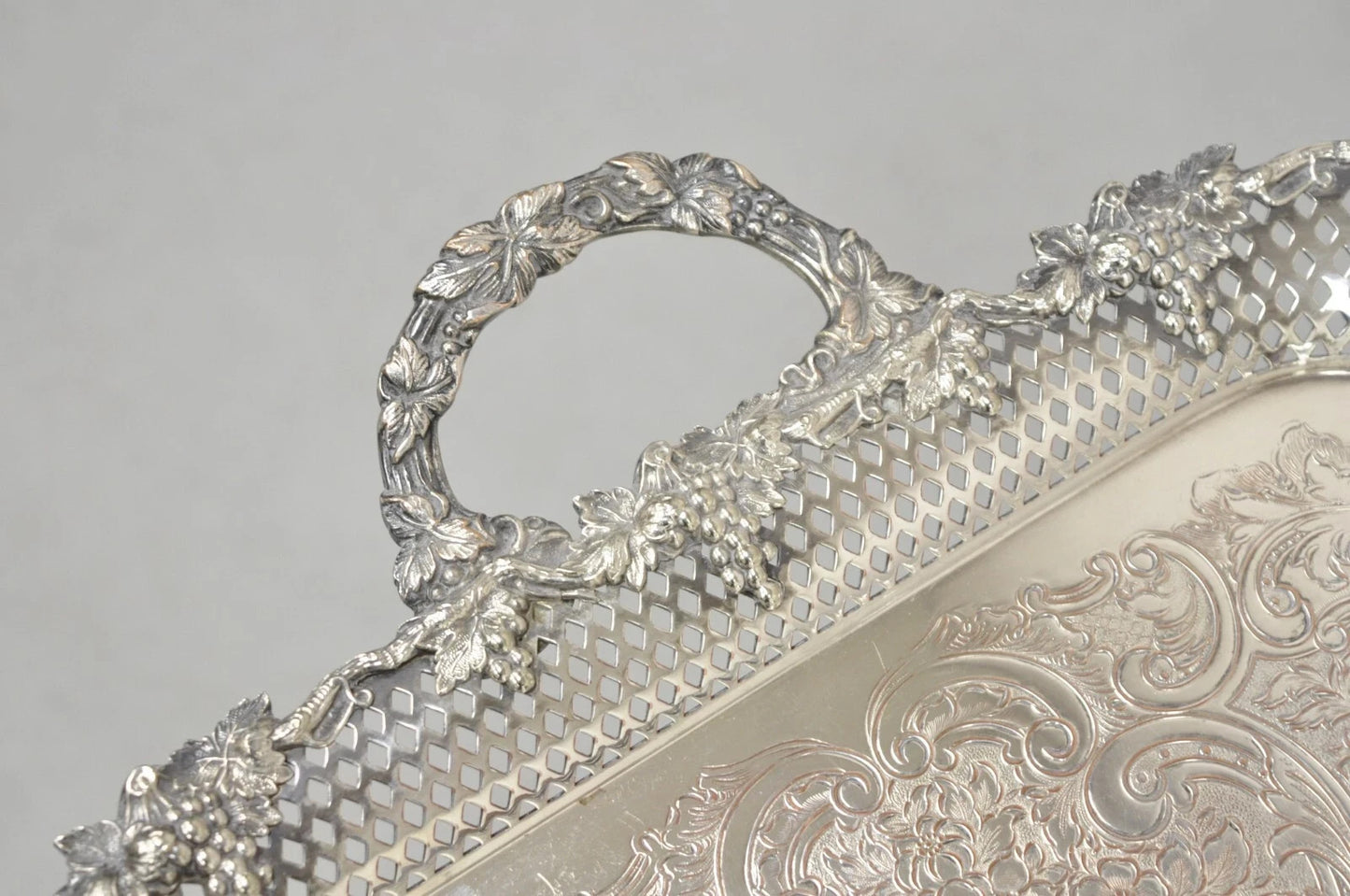 Antique Victorian Silver Plated Grapevine Repousse Platter Bar Tray w/ Monogram